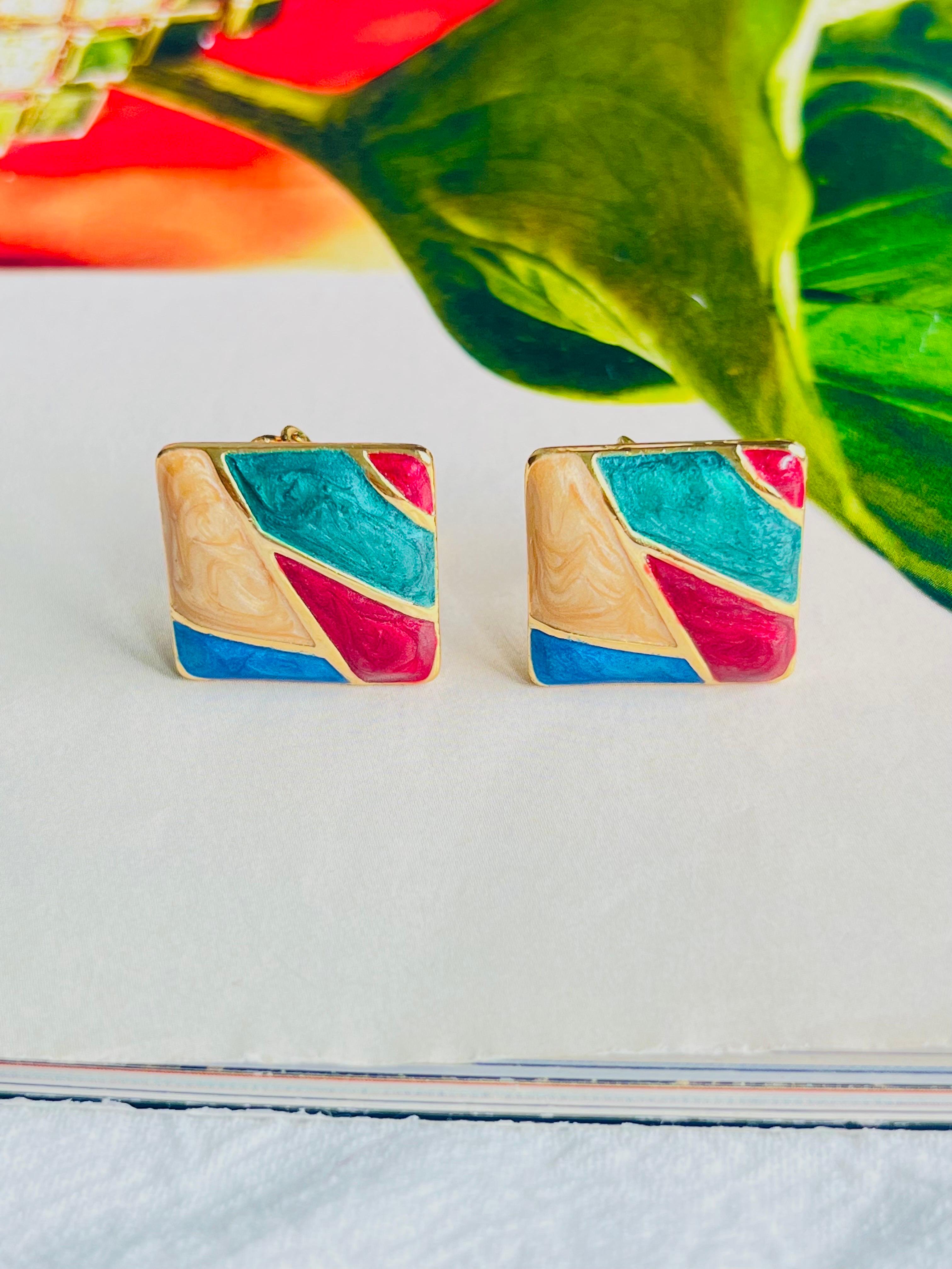 Women's or Men's Burgundy Green Navy Brown Square Enamel Patchwork Modernist Clip On Earrings For Sale