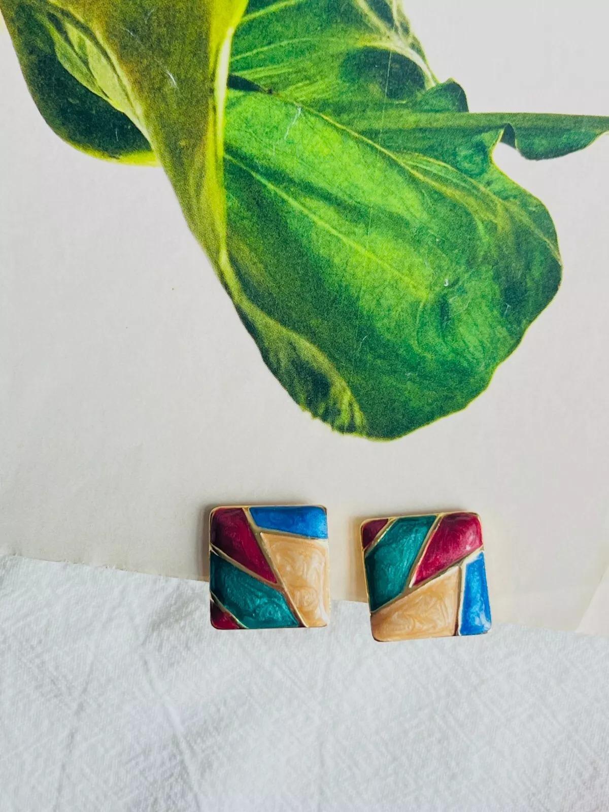 Women's or Men's Burgundy Green Navy Brown Square Enamel Patchwork Modernist Clip On Earrings For Sale