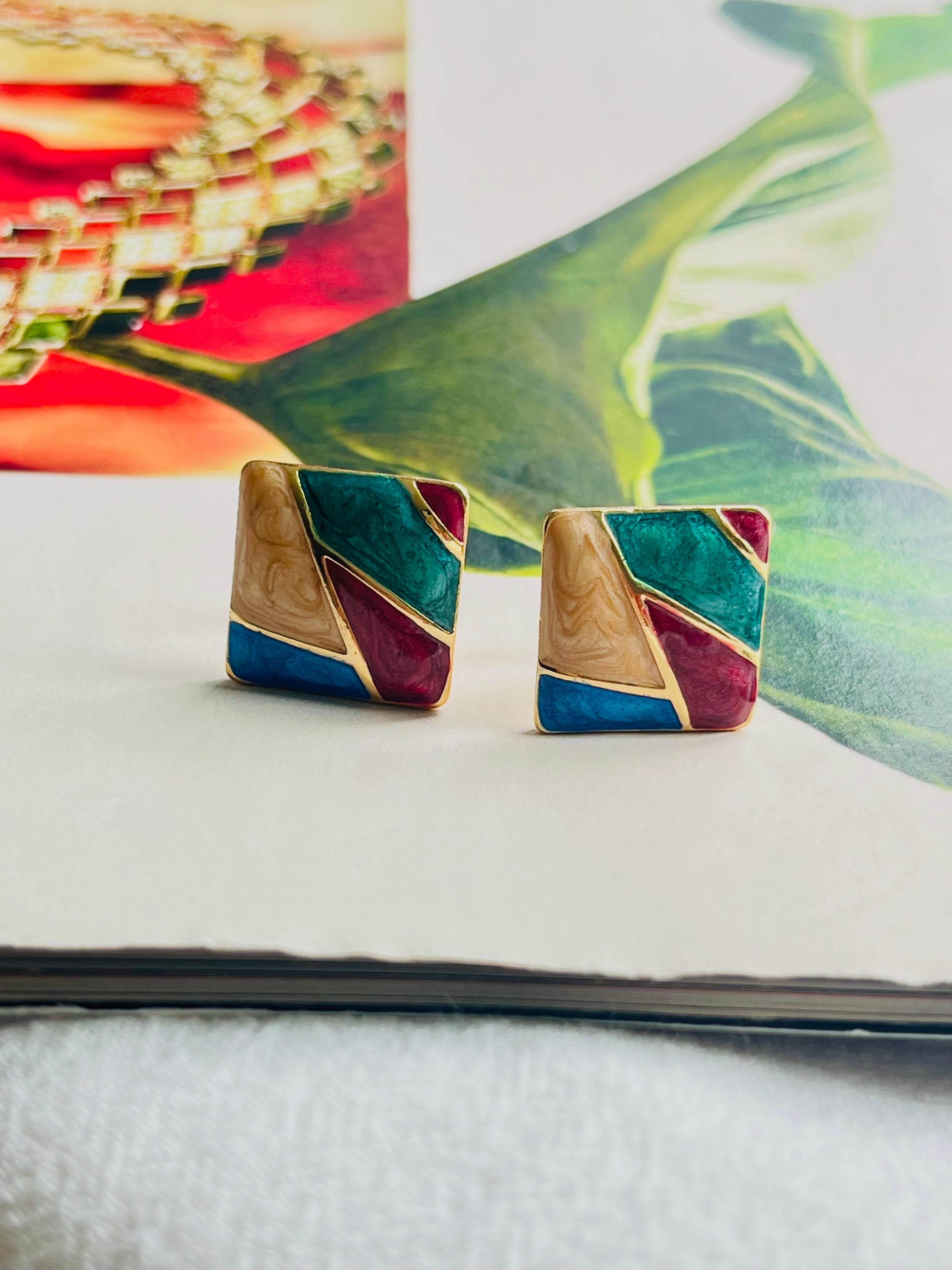 Burgundy Green Navy Brown Square Enamel Patchwork Modernist Clip On Earrings For Sale 1