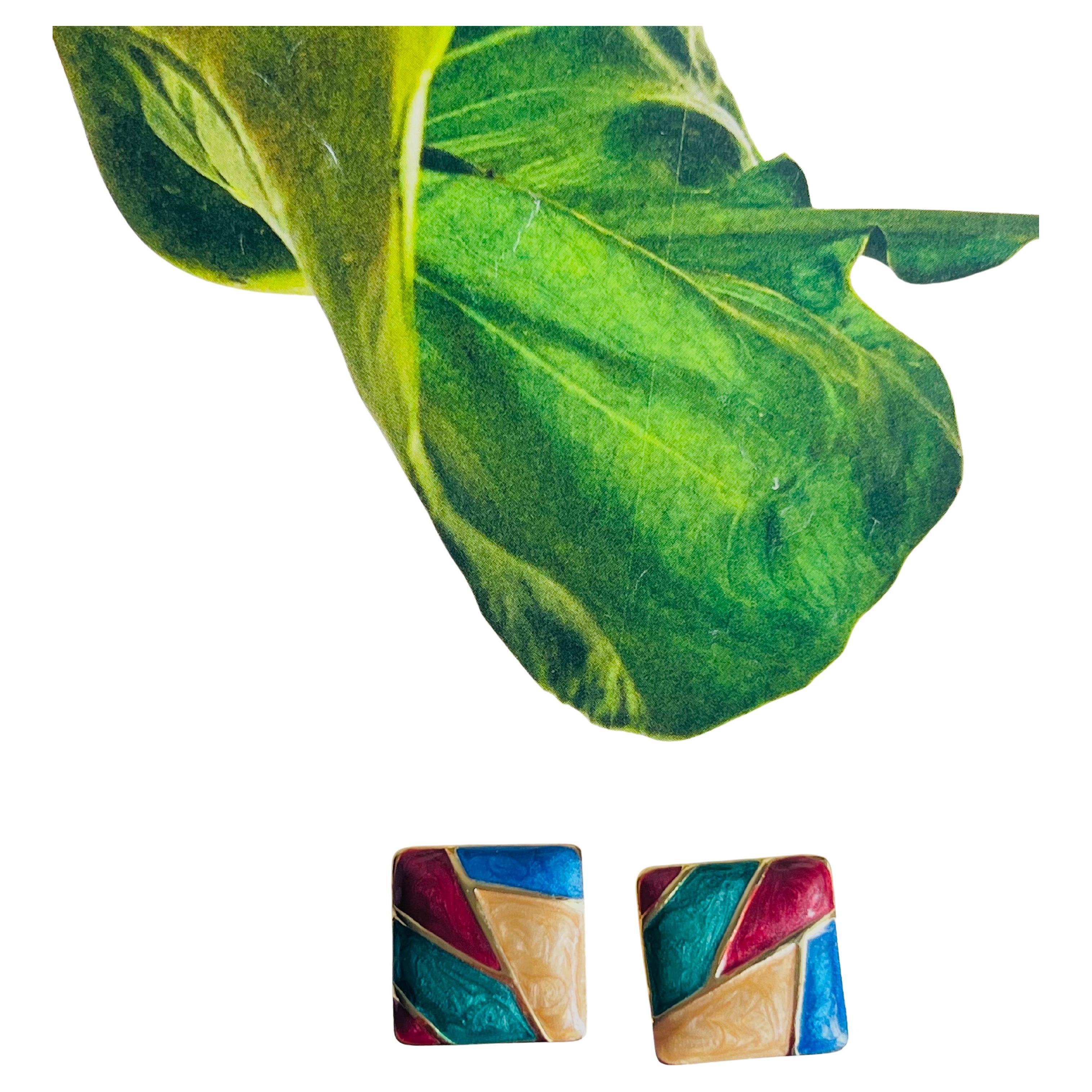 Burgundy Green Navy Brown Square Enamel Patchwork Modernist Clip On Earrings For Sale