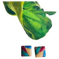 Burgundy Green Navy Brown Square Enamel Patchwork Modernist Clip On Earrings