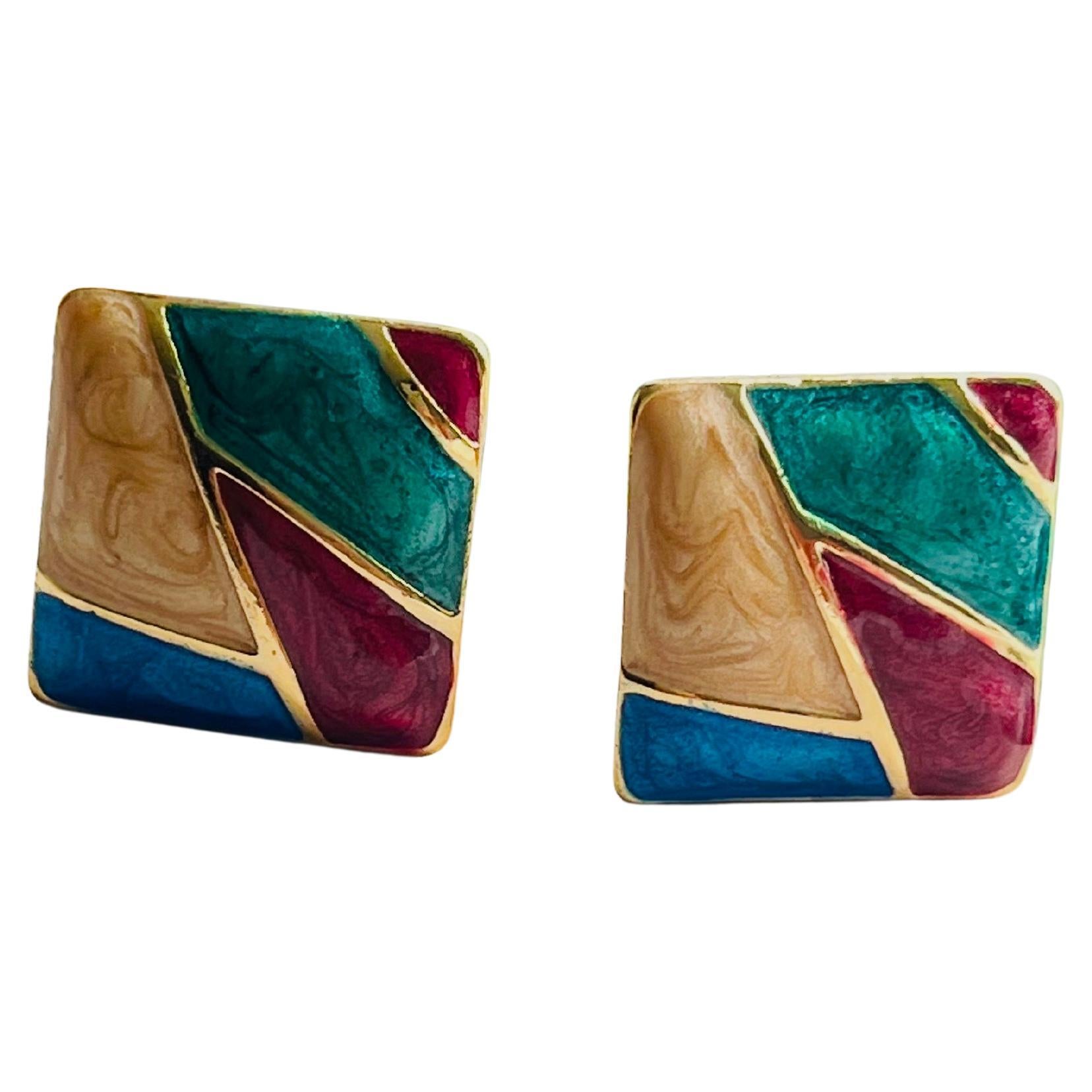 Burgundy Green Navy Brown Square Enamel Patchwork Modernist Clip On Earrings For Sale
