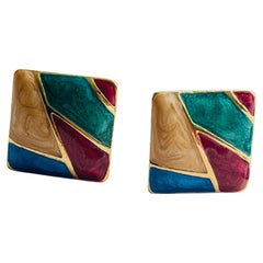 Burgundy Green Navy Brown Square Enamel Patchwork Modernist Clip On Earrings