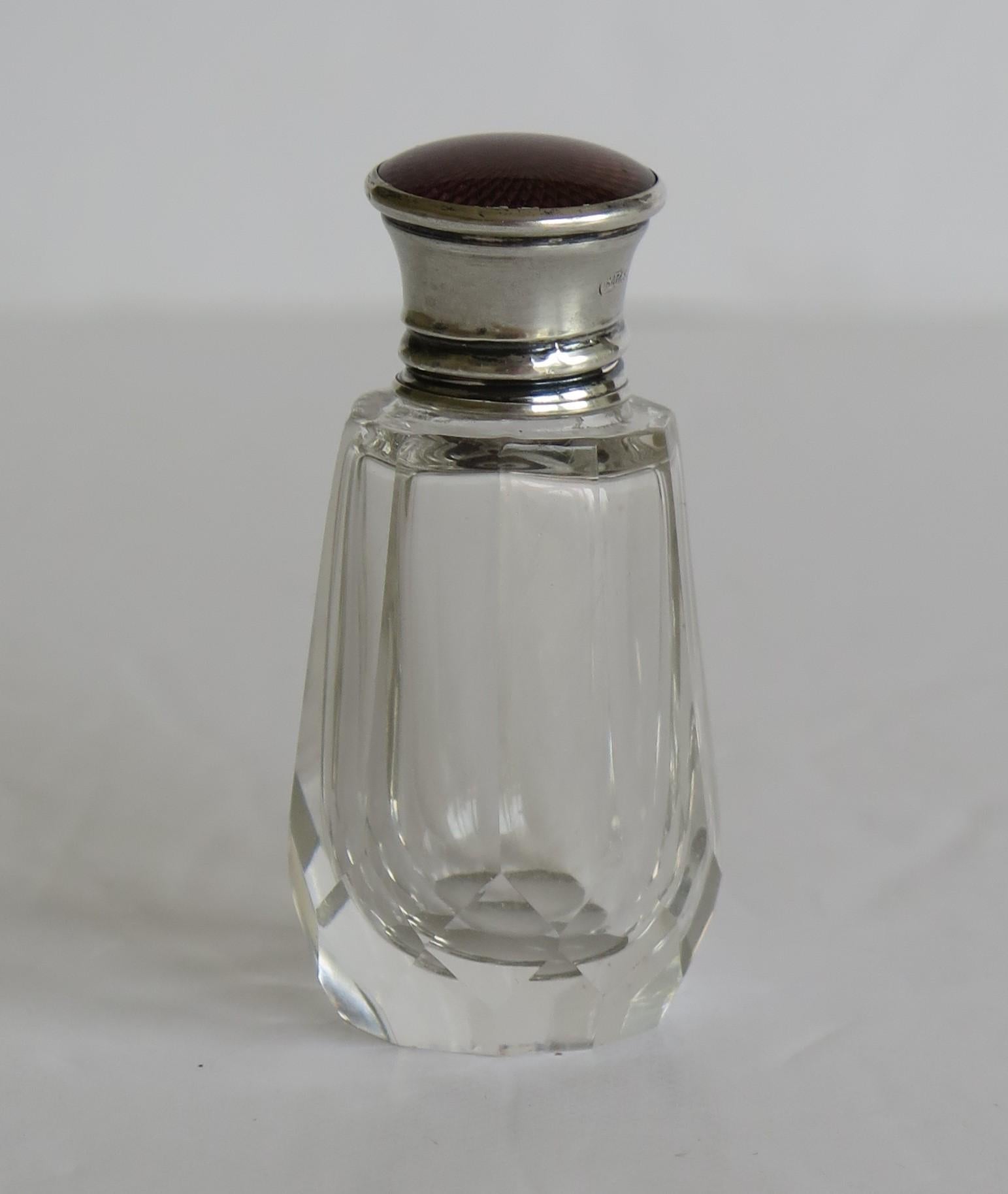 20th Century Burgundy Guilloche & Silver Topped Cut Glass Scent or Perfume Bottle London 1921 For Sale