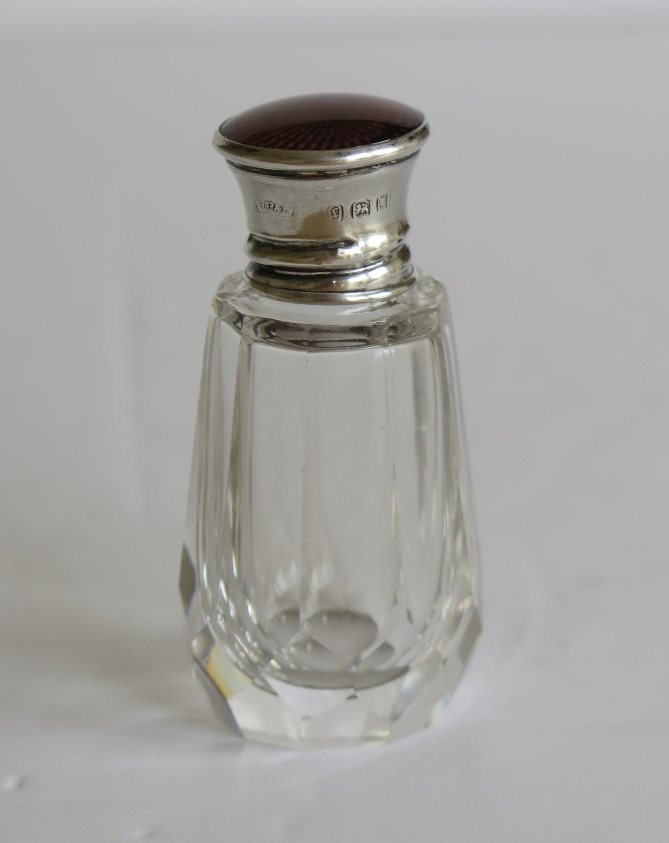 Burgundy Guilloche & Silver Topped Cut Glass Scent or Perfume Bottle London 1921 For Sale 1