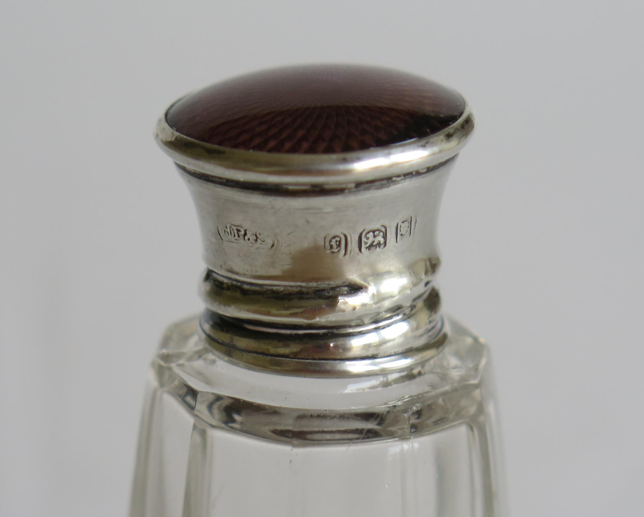 Burgundy Guilloche & Silver Topped Cut Glass Scent or Perfume Bottle London 1921 For Sale 2