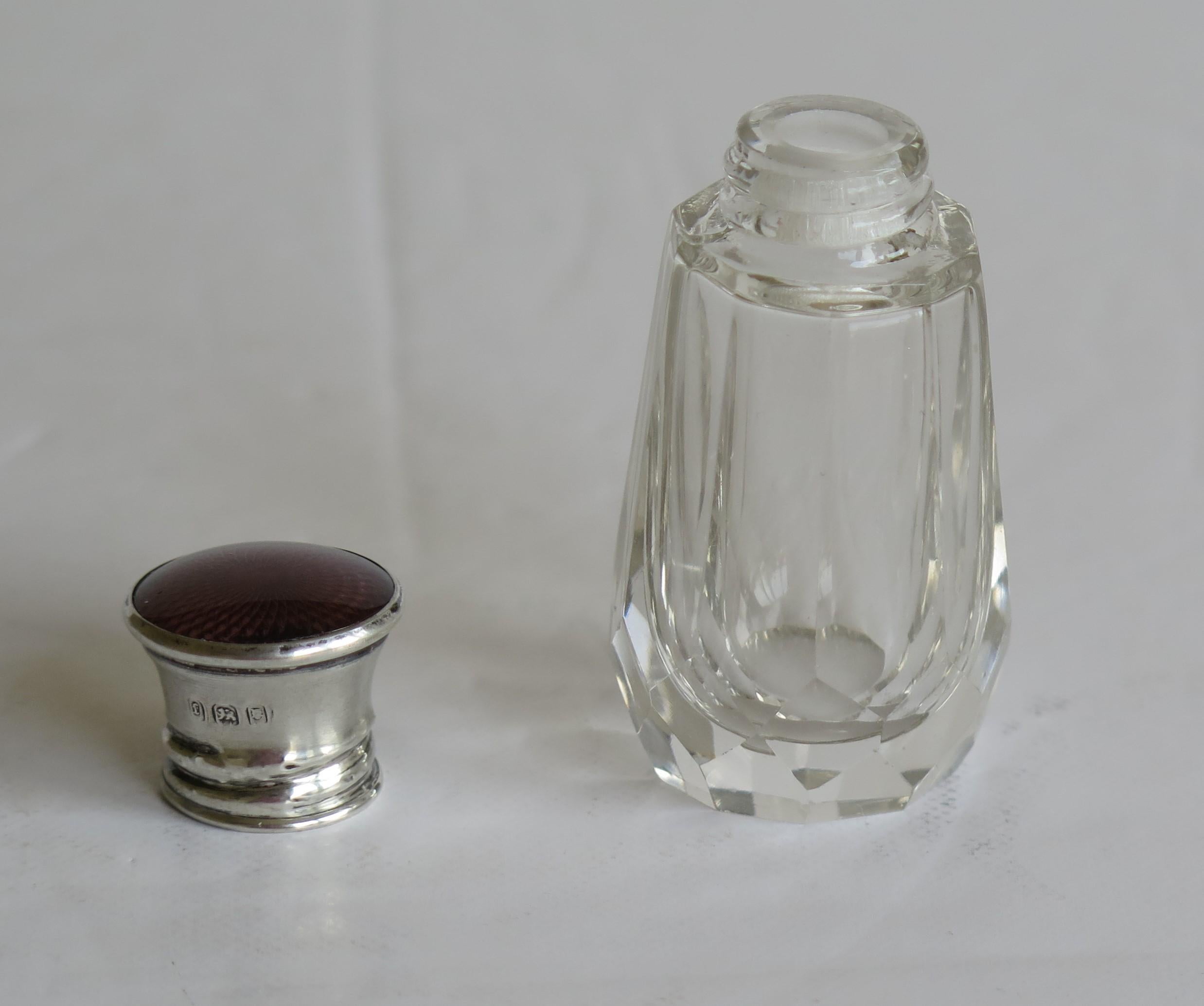 Burgundy Guilloche & Silver Topped Cut Glass Scent or Perfume Bottle London 1921 For Sale 3