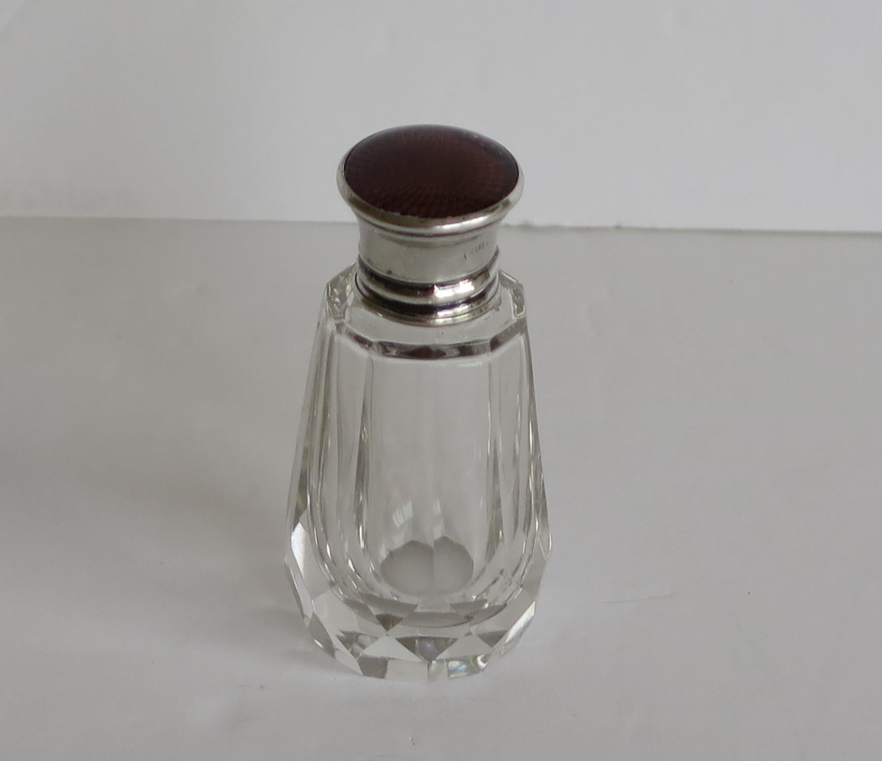 Art Deco Burgundy Guilloche & Silver Topped Cut Glass Scent or Perfume Bottle London 1921 For Sale