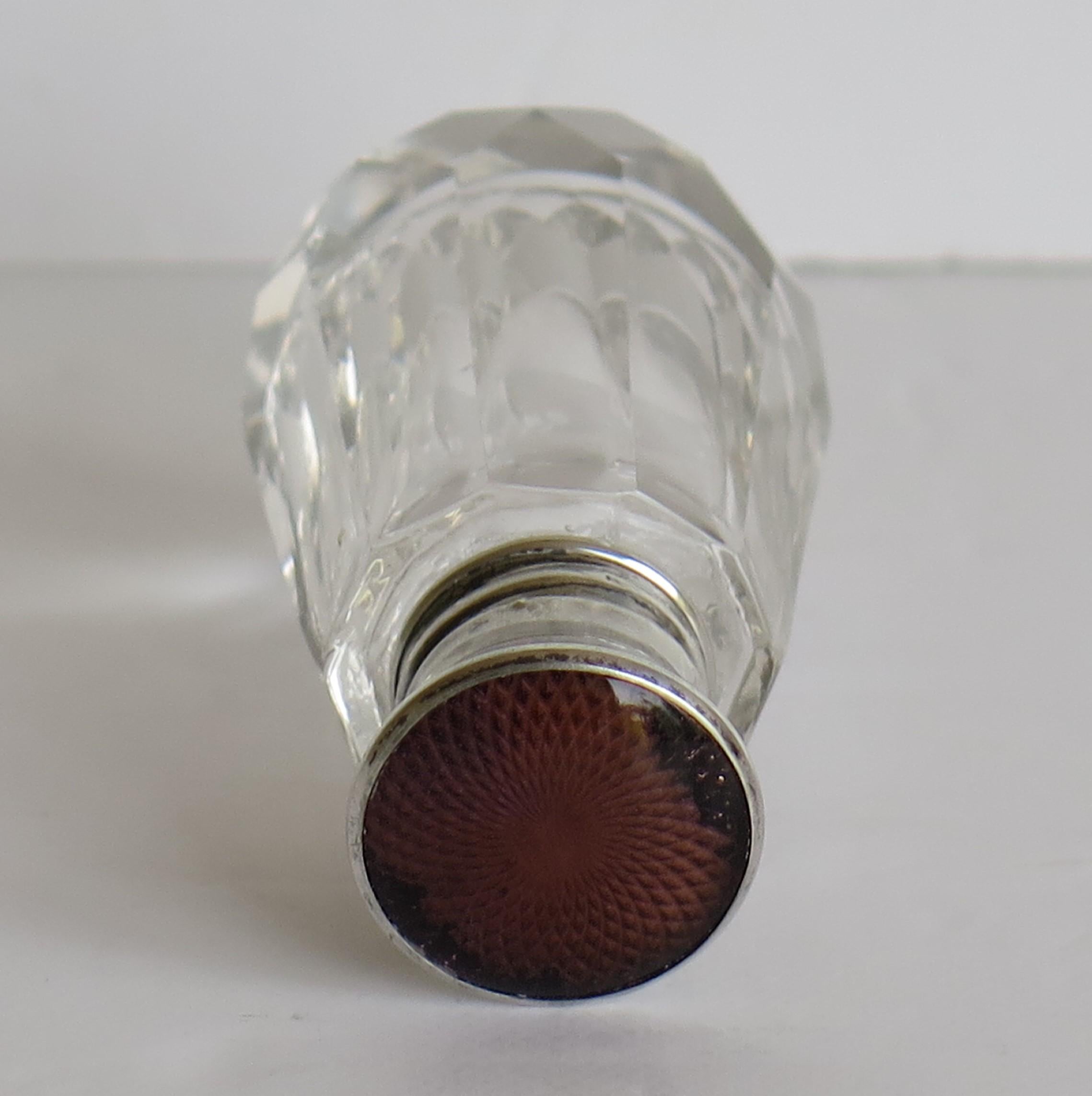 English Burgundy Guilloche & Silver Topped Cut Glass Scent or Perfume Bottle London 1921 For Sale
