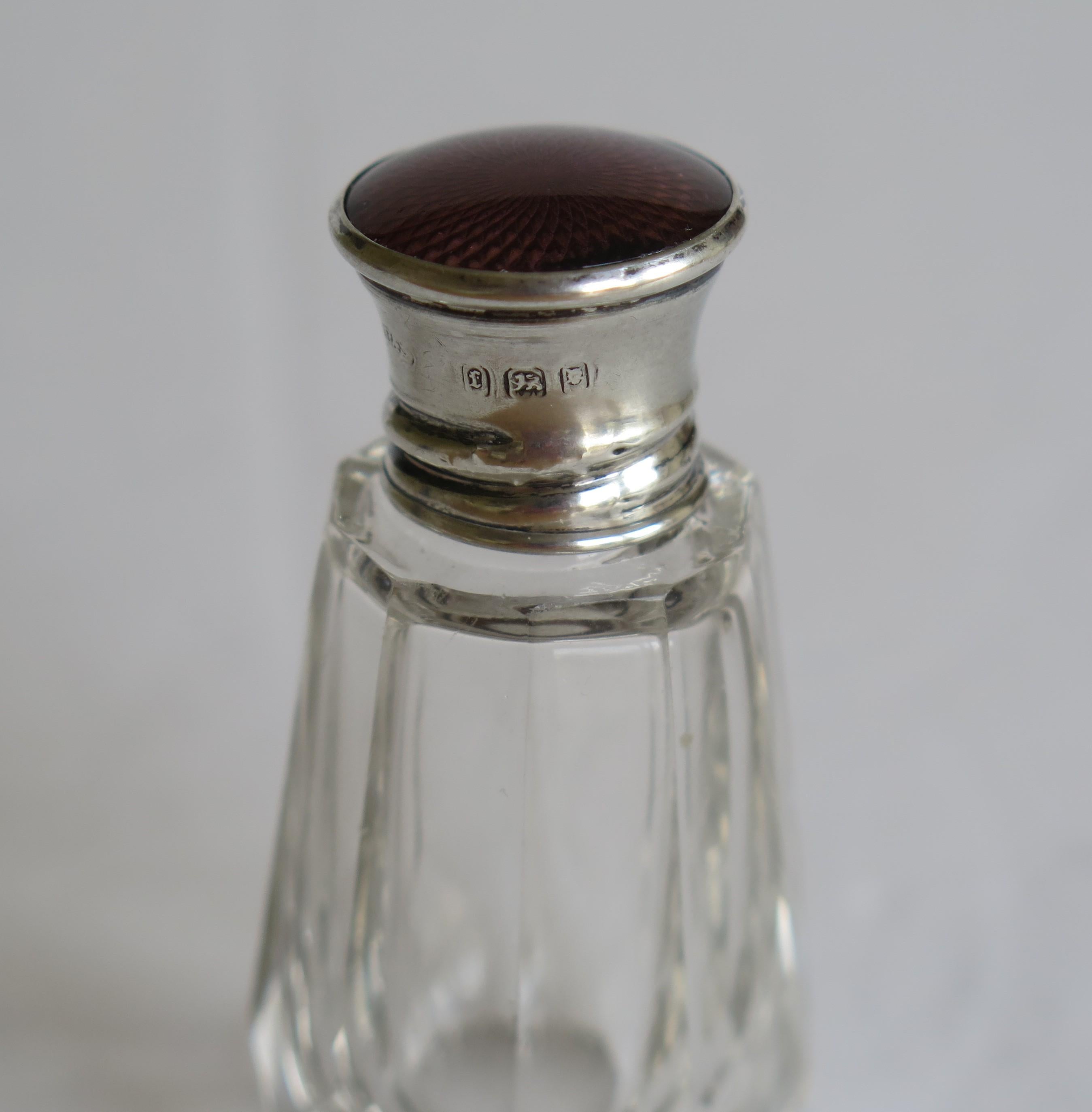 Burgundy Guilloche & Silver Topped Cut Glass Scent or Perfume Bottle London 1921 In Good Condition For Sale In Lincoln, Lincolnshire