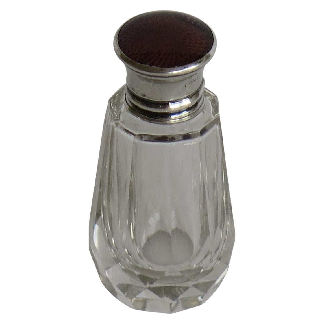 Burgundy Guilloche & Silver Topped Cut Glass Scent or Perfume Bottle London 1921
