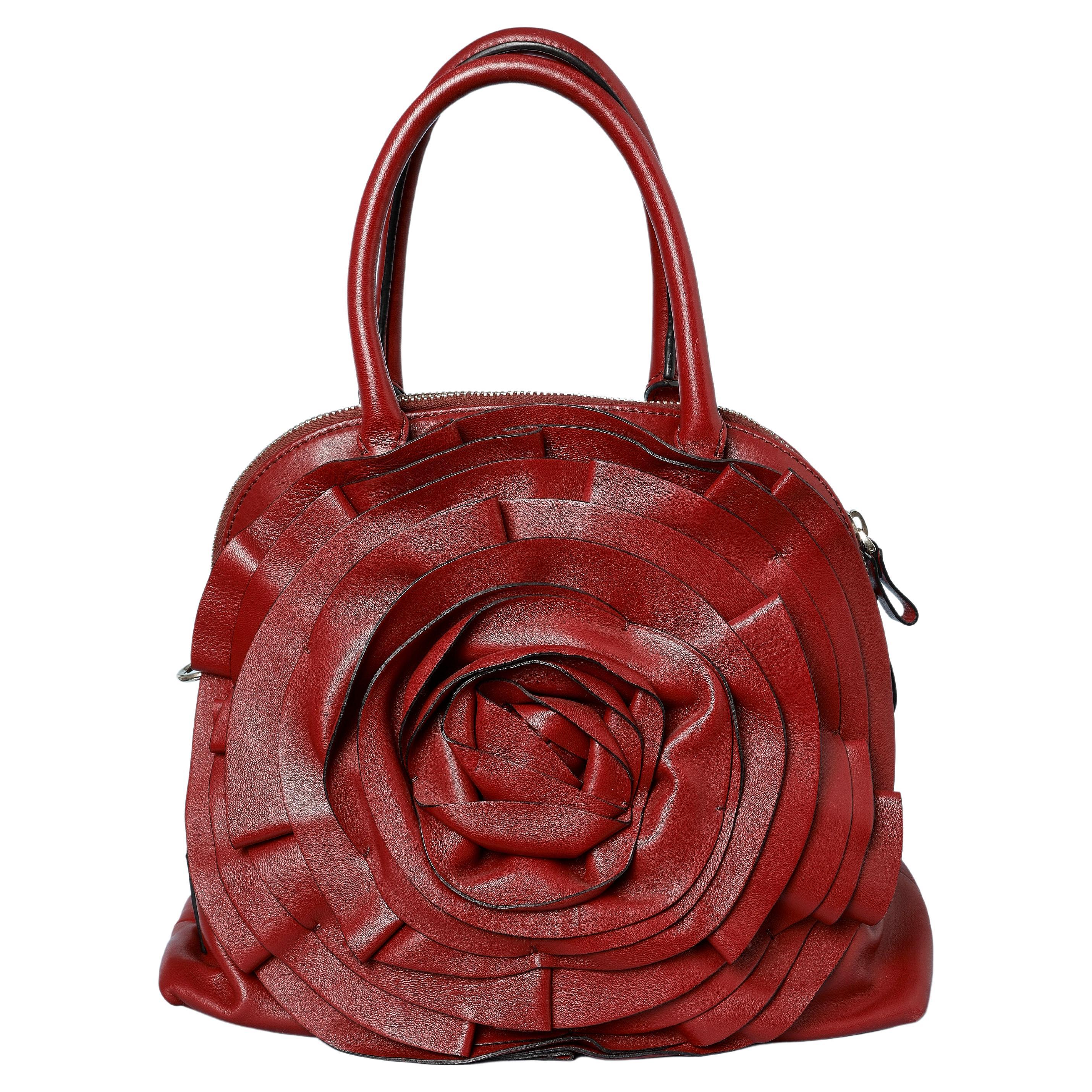 Burgundy hand leather bag with giant rose in leather Valentino