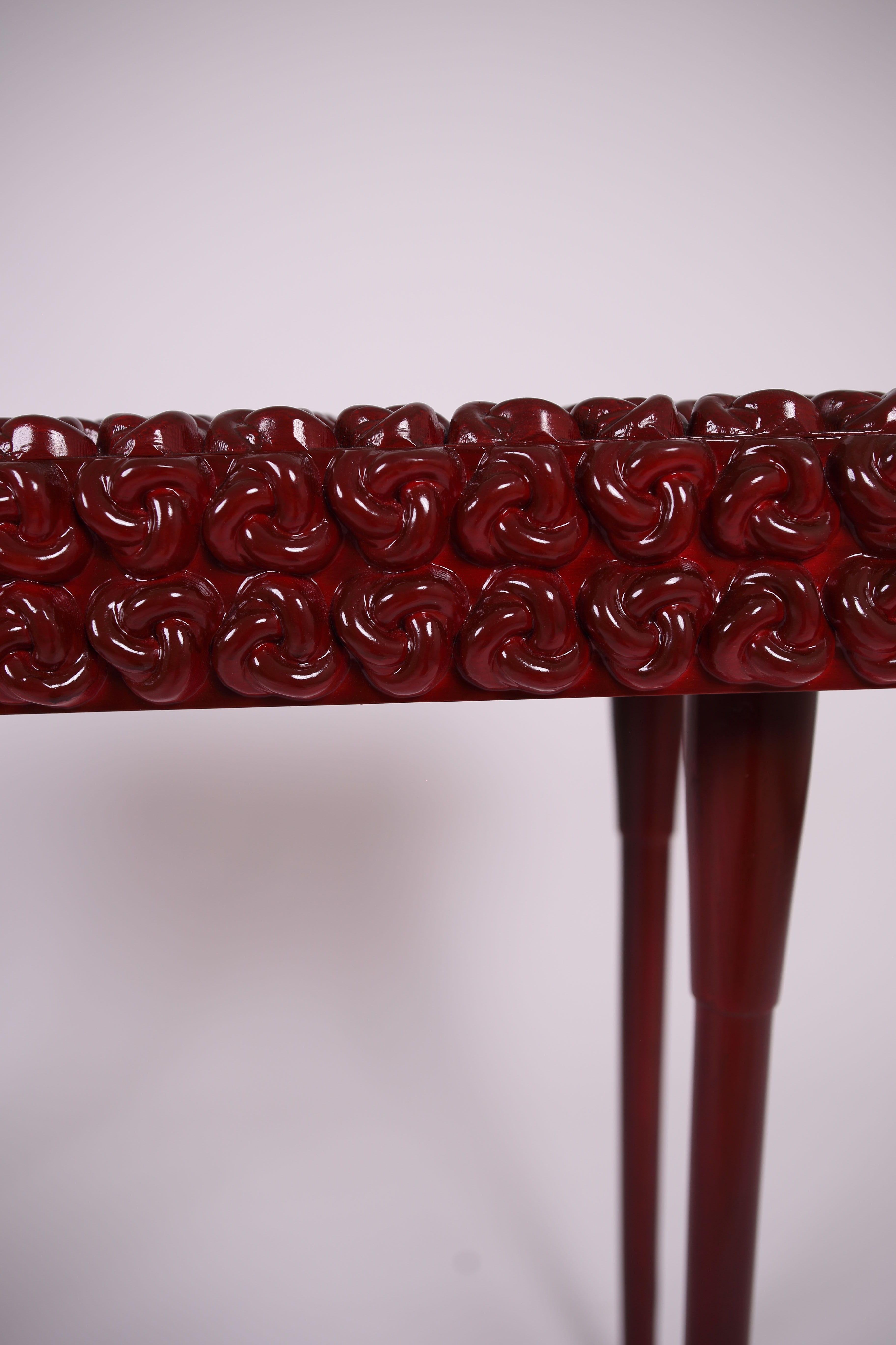 Burgundy Solid Wood Console Table with Handcrafted Carved Knot Design For Sale 2