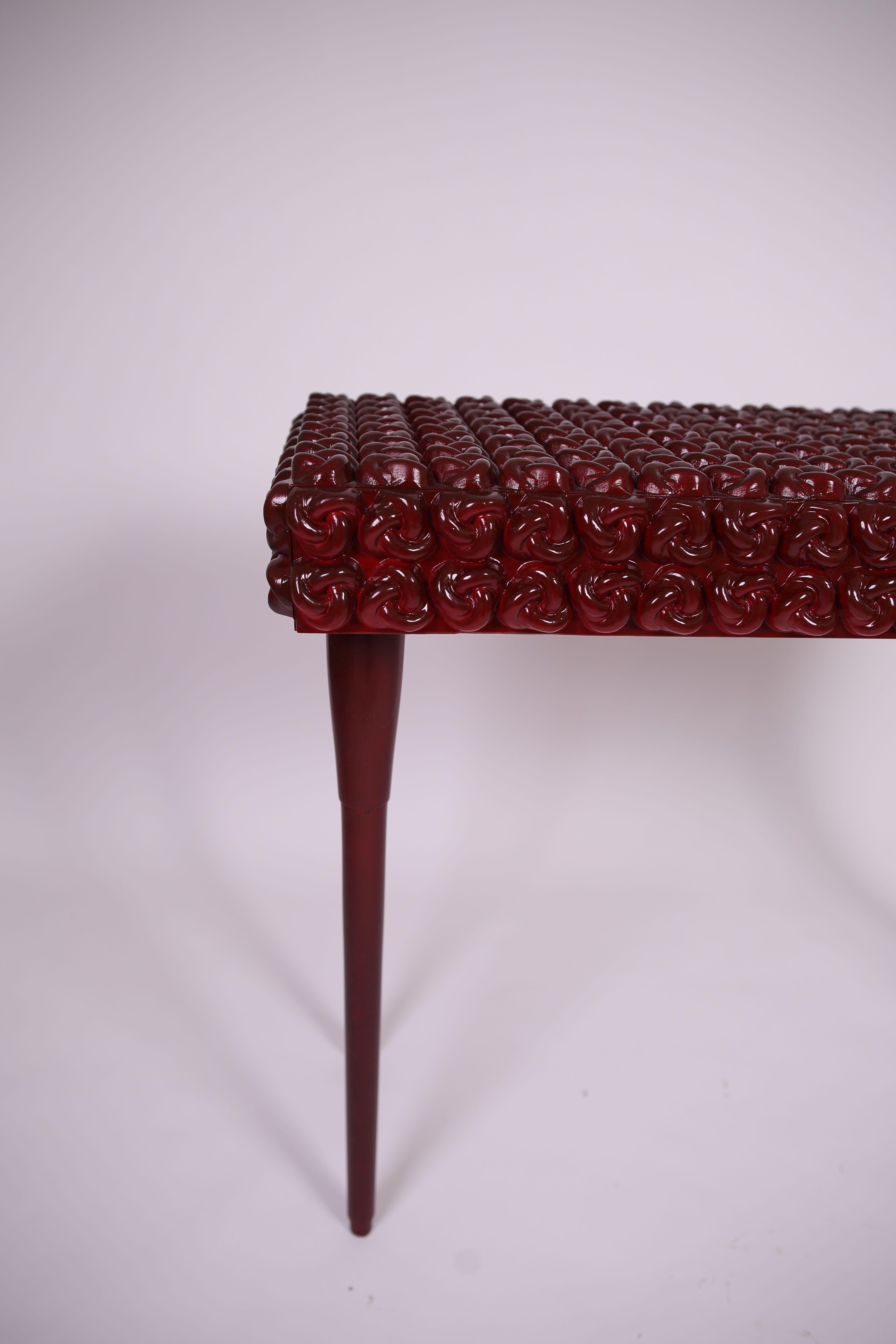 Organic Modern Burgundy Solid Wood Console Table with Handcrafted Carved Knot Design For Sale