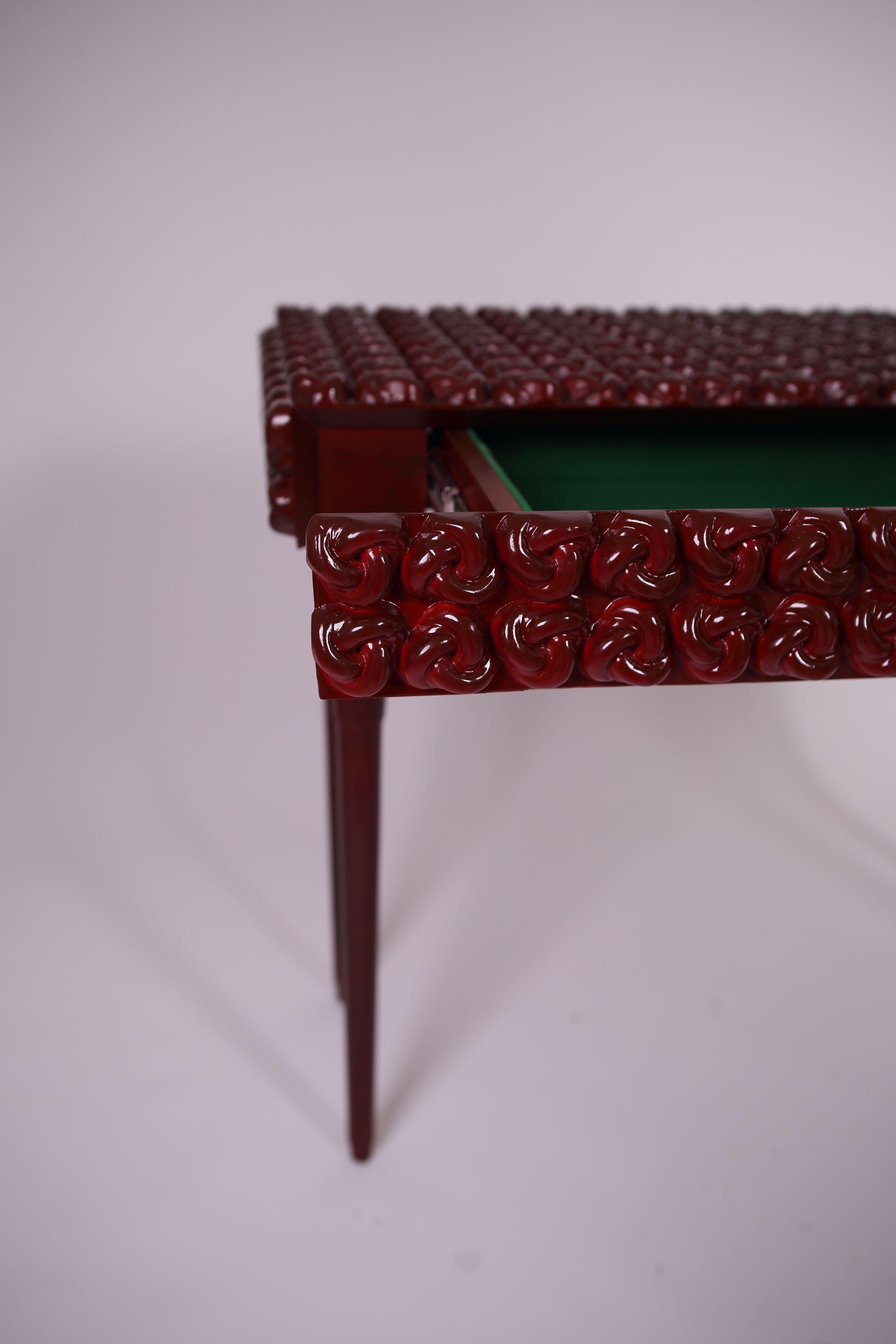 Asian Burgundy Solid Wood Console Table with Handcrafted Carved Knot Design For Sale