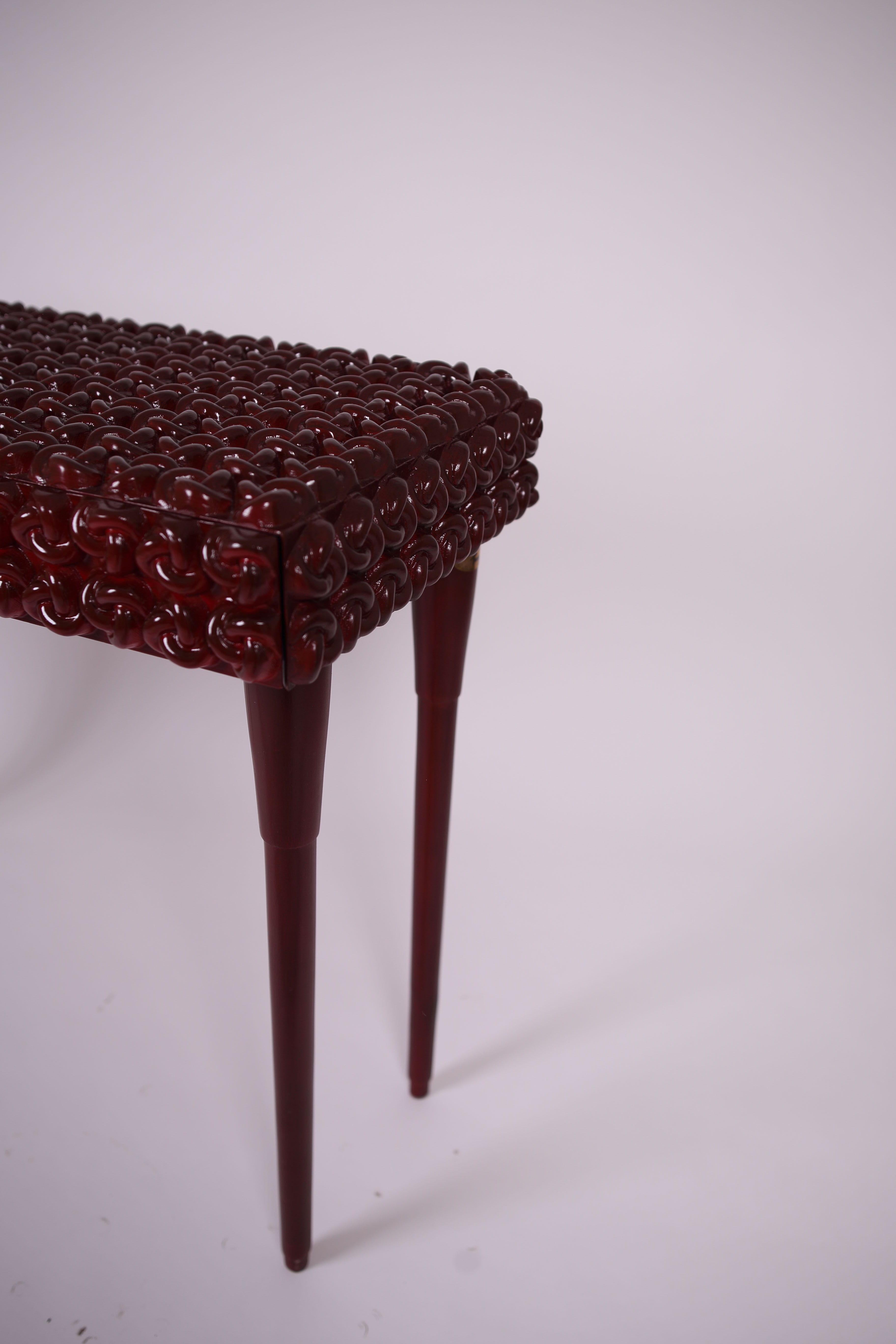 Hand-Carved Burgundy Solid Wood Console Table with Handcrafted Carved Knot Design For Sale