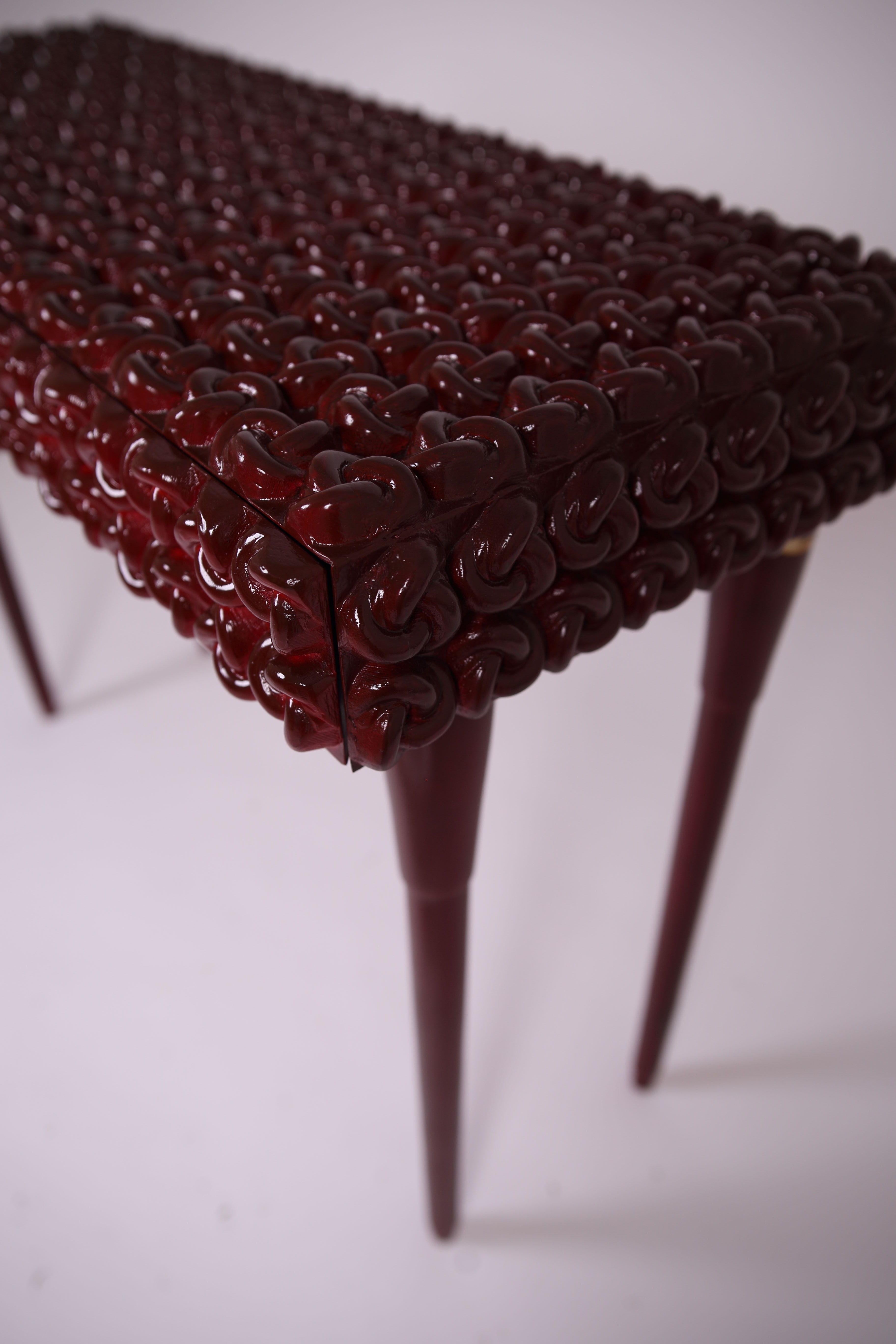 Burgundy Solid Wood Console Table with Handcrafted Carved Knot Design In New Condition For Sale In Mississauga, Ontario