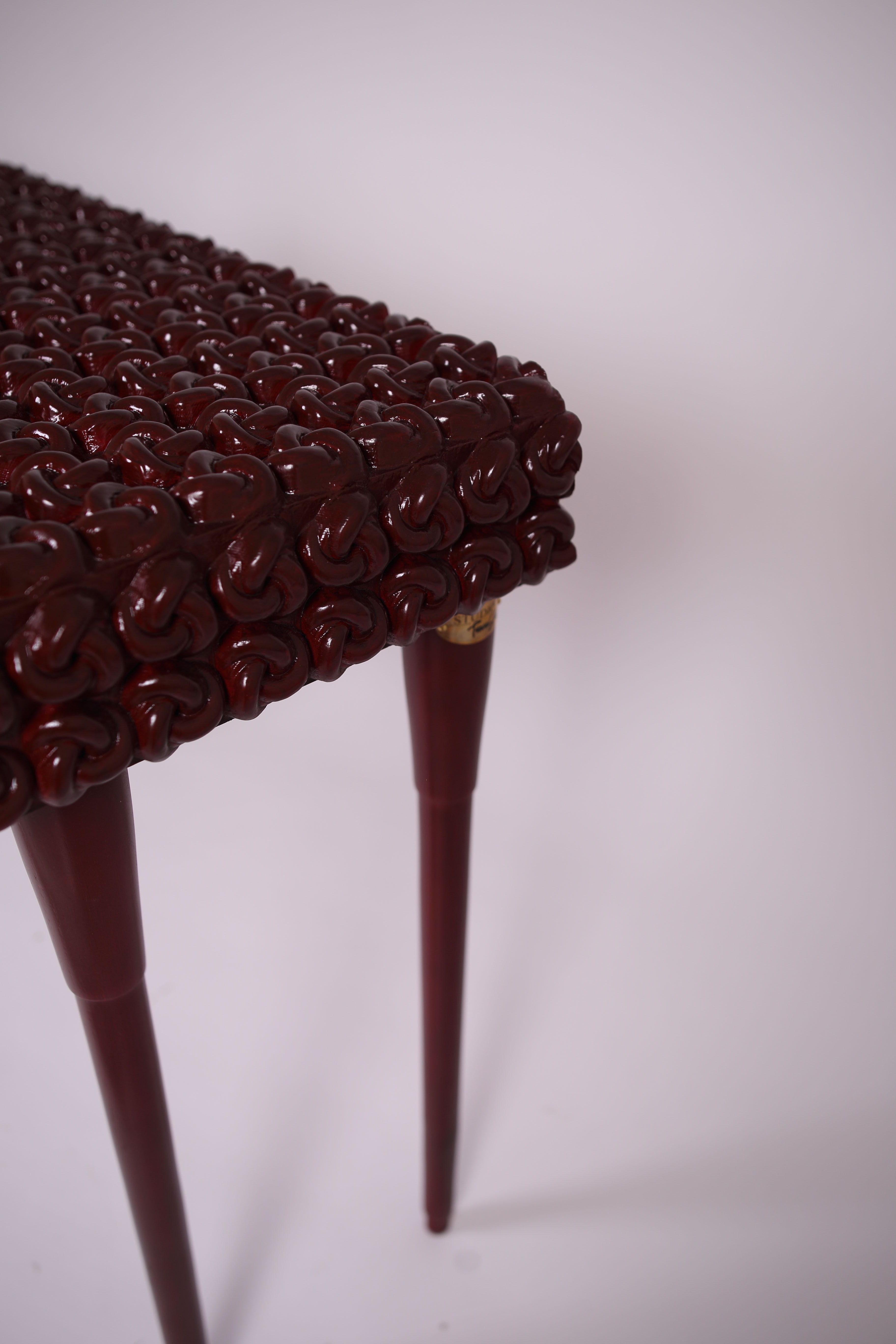 Contemporary Burgundy Solid Wood Console Table with Handcrafted Carved Knot Design For Sale