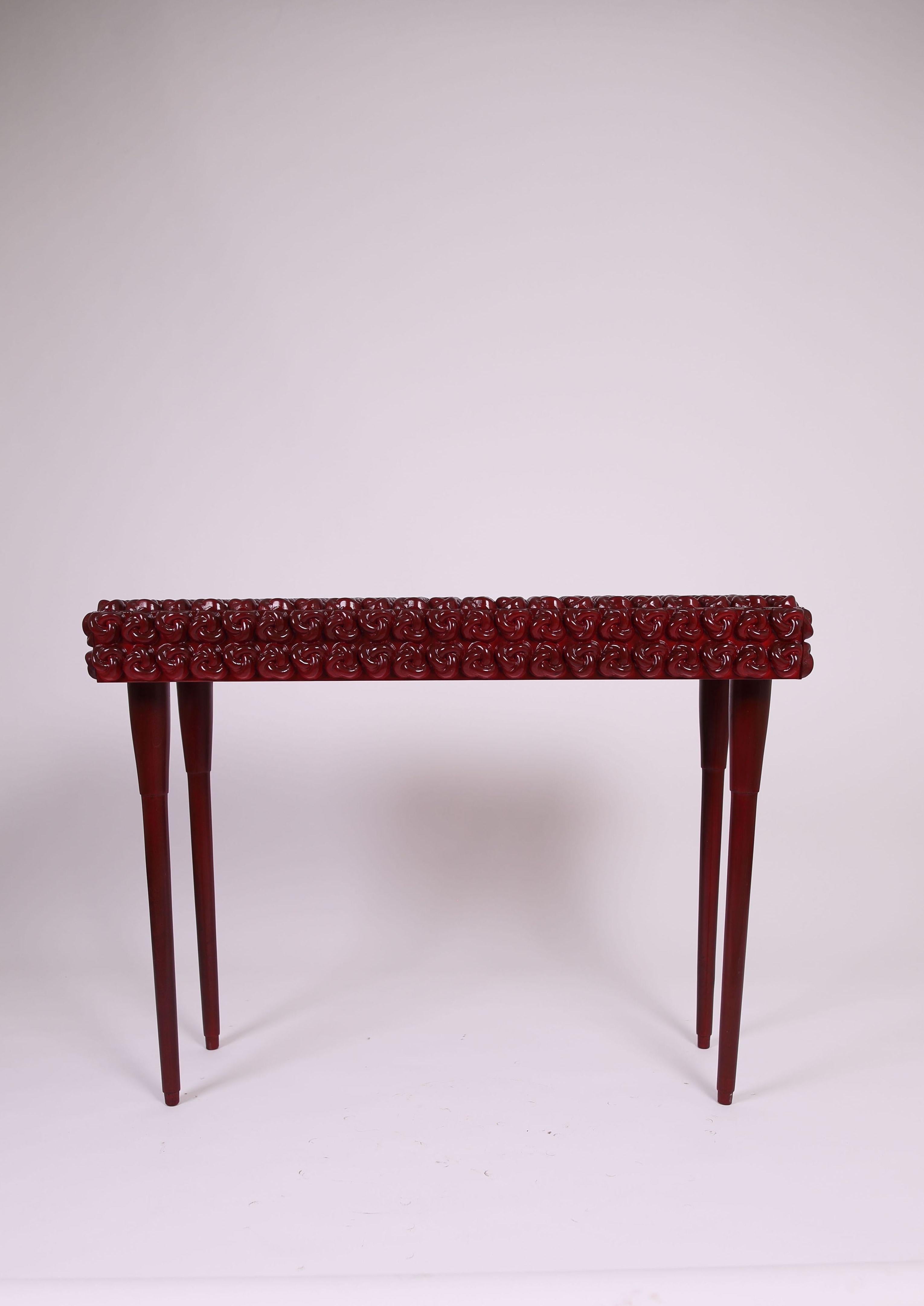 Hardwood Burgundy Solid Wood Console Table with Handcrafted Carved Knot Design For Sale