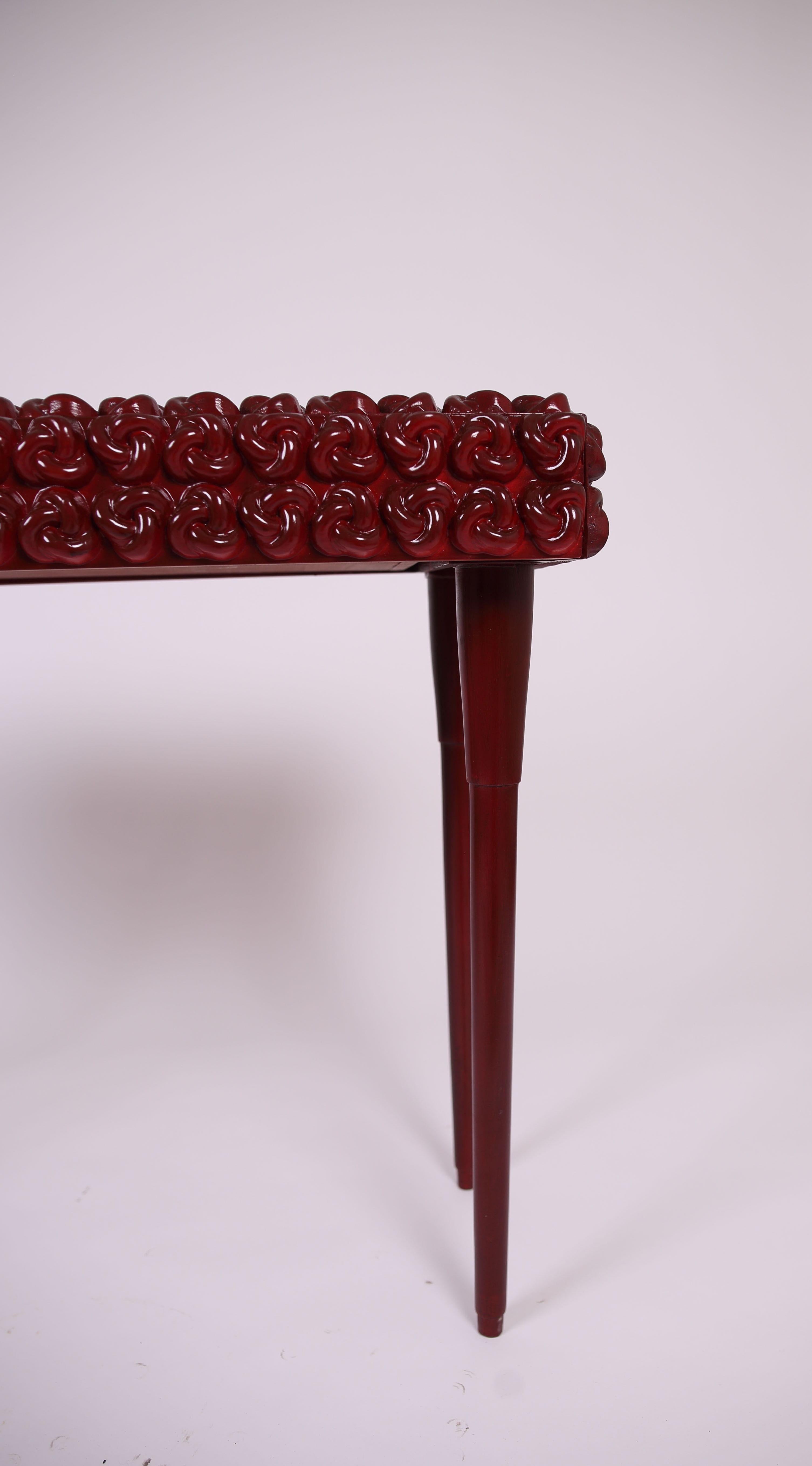 Burgundy Solid Wood Console Table with Handcrafted Carved Knot Design For Sale 1