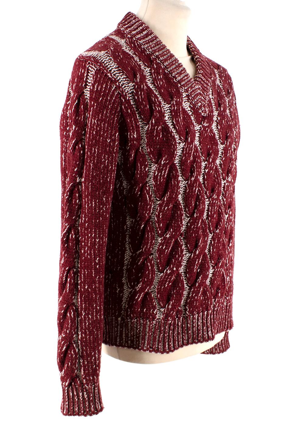 Marni Burgundy & Ivory Cable Knit V-Neck Jumper

- Burgundy & ivory melange knit, with an intarsia cable knit pattern
- Ribbed v-neck collar, cuffs and hem

Materials 
73% Wool 
27% Polyamide 

Made in Italy
Dry Clean Only 
9.5/10 Excellent