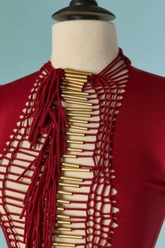 Burgundy jersey dress with gold metal beads and jersey fringe ALEXANDRE VAUTHIER