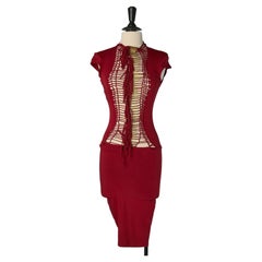 Burgundy jersey dress with gold metal beads and jersey fringe ALEXANDRE VAUTHIER
