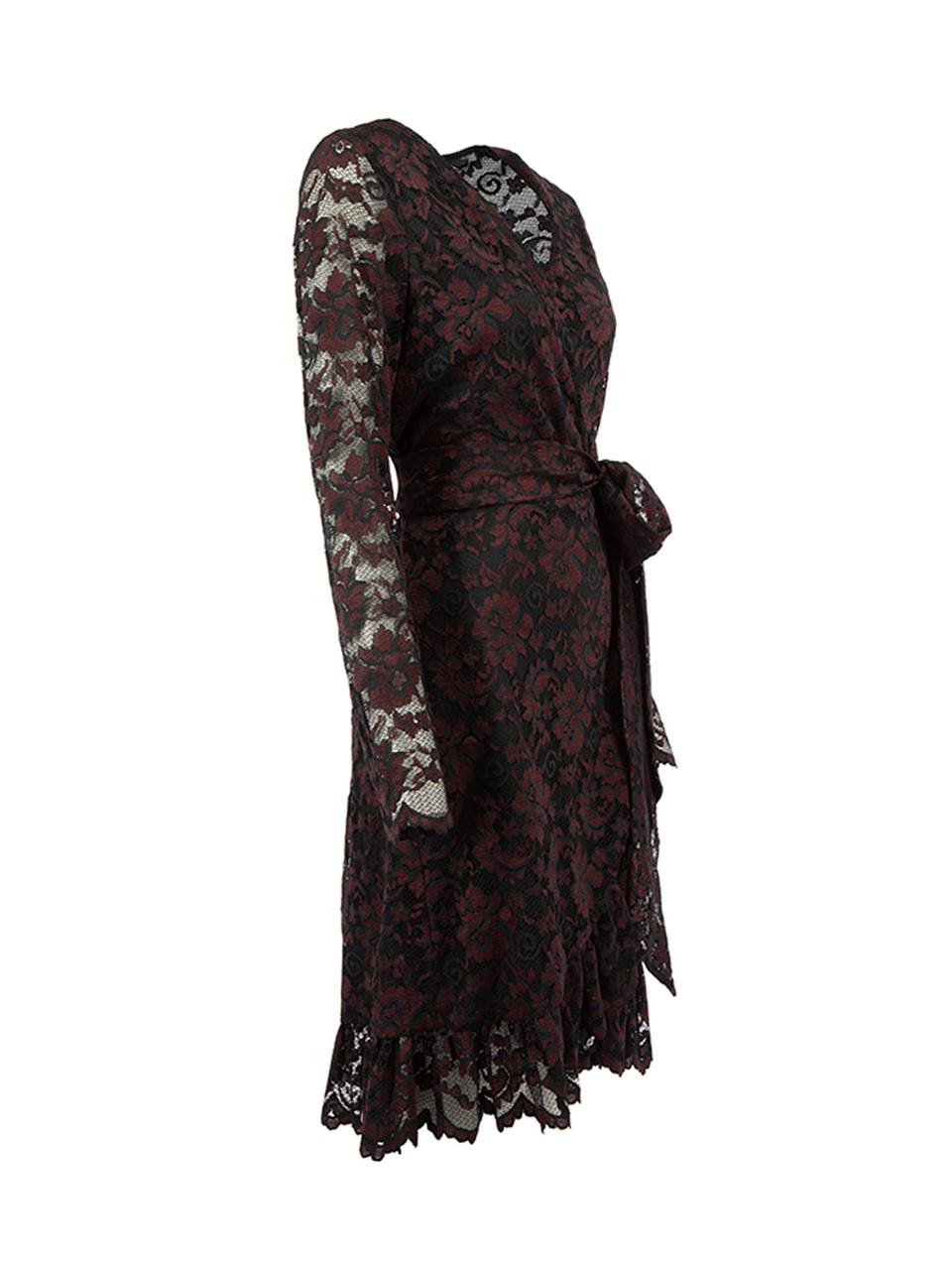 CONDITION is Very good. Hardly any visible wear to dress is evident on this used Ganni designer resale item.



Details


Burgundy and black

Floral lace

Wrap dress

Mini length

V neckline

Tie waist closure





Made in China



Composition

67%