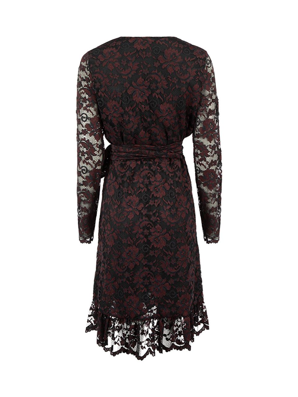 Burgundy Lace Wrap Mini Dress Size L In Good Condition For Sale In London, GB