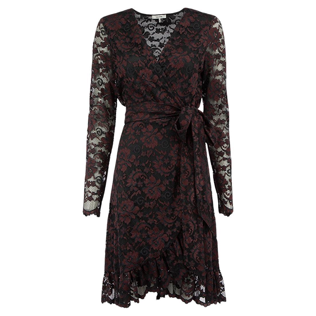 Burgundy Lace Wrap Mini Dress Size L For Sale