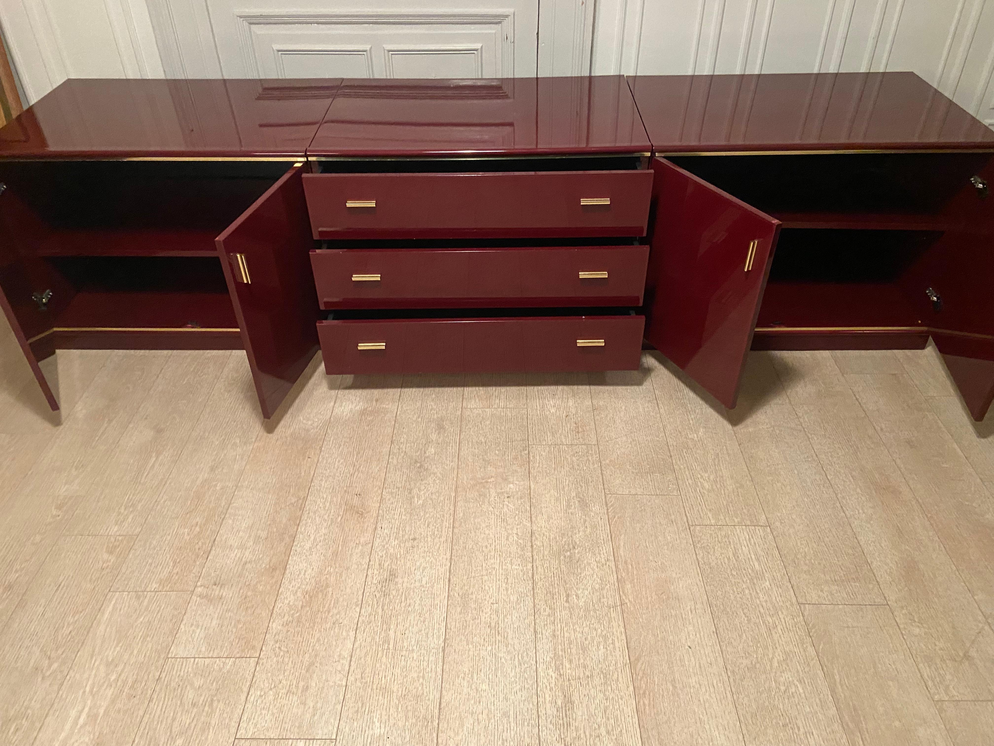 Burgundy Lacquered and Brass Sideboard, 1970s 4