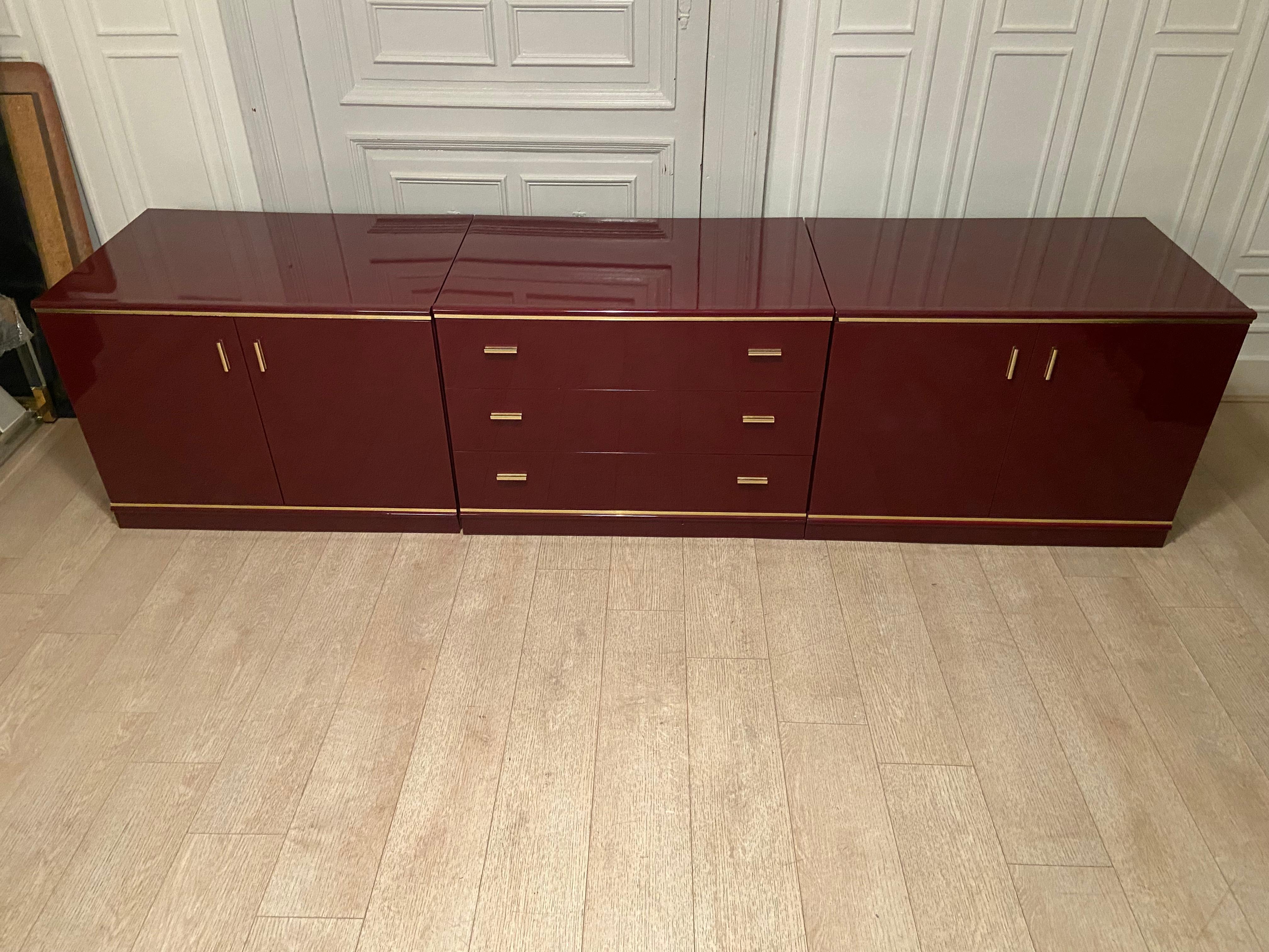 Mid-Century Modern Burgundy Lacquered and Brass Sideboard, 1970s