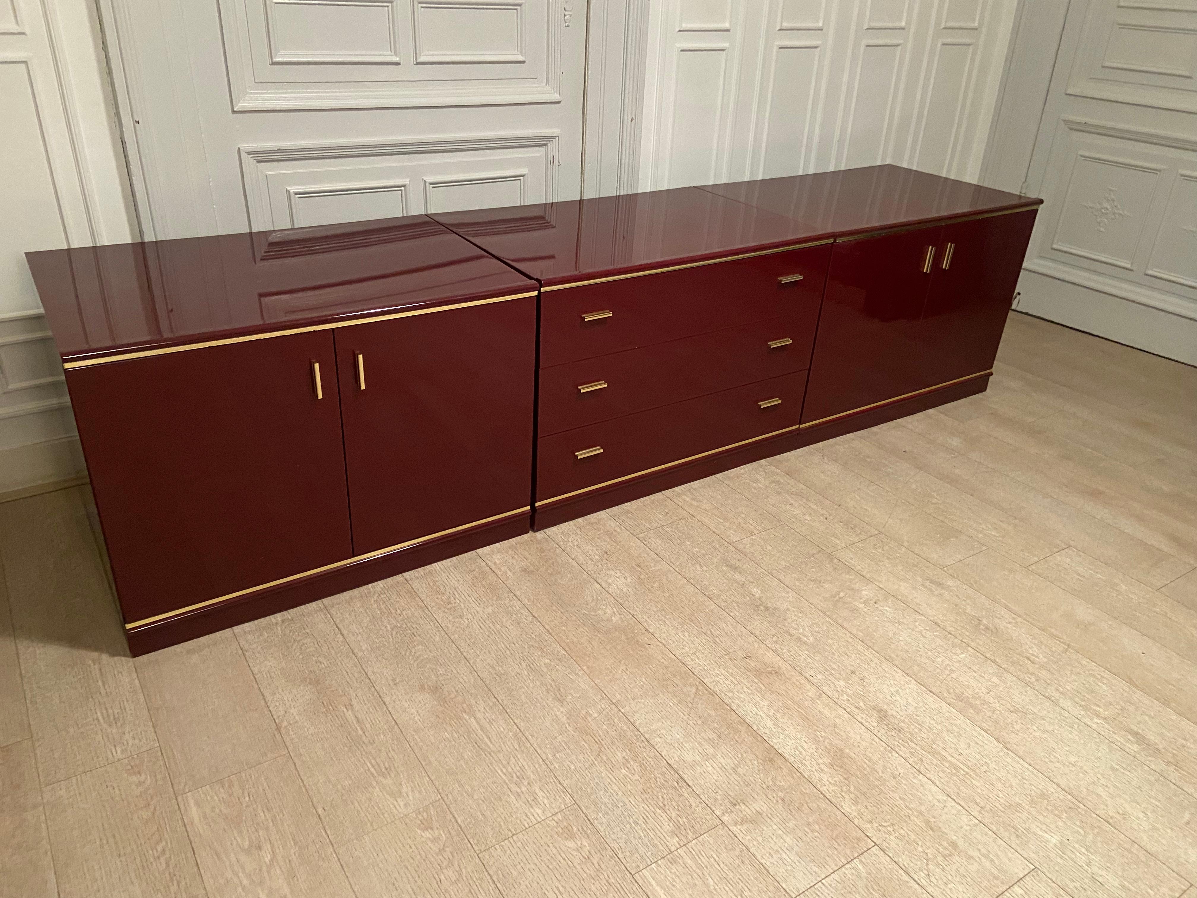 European Burgundy Lacquered and Brass Sideboard, 1970s