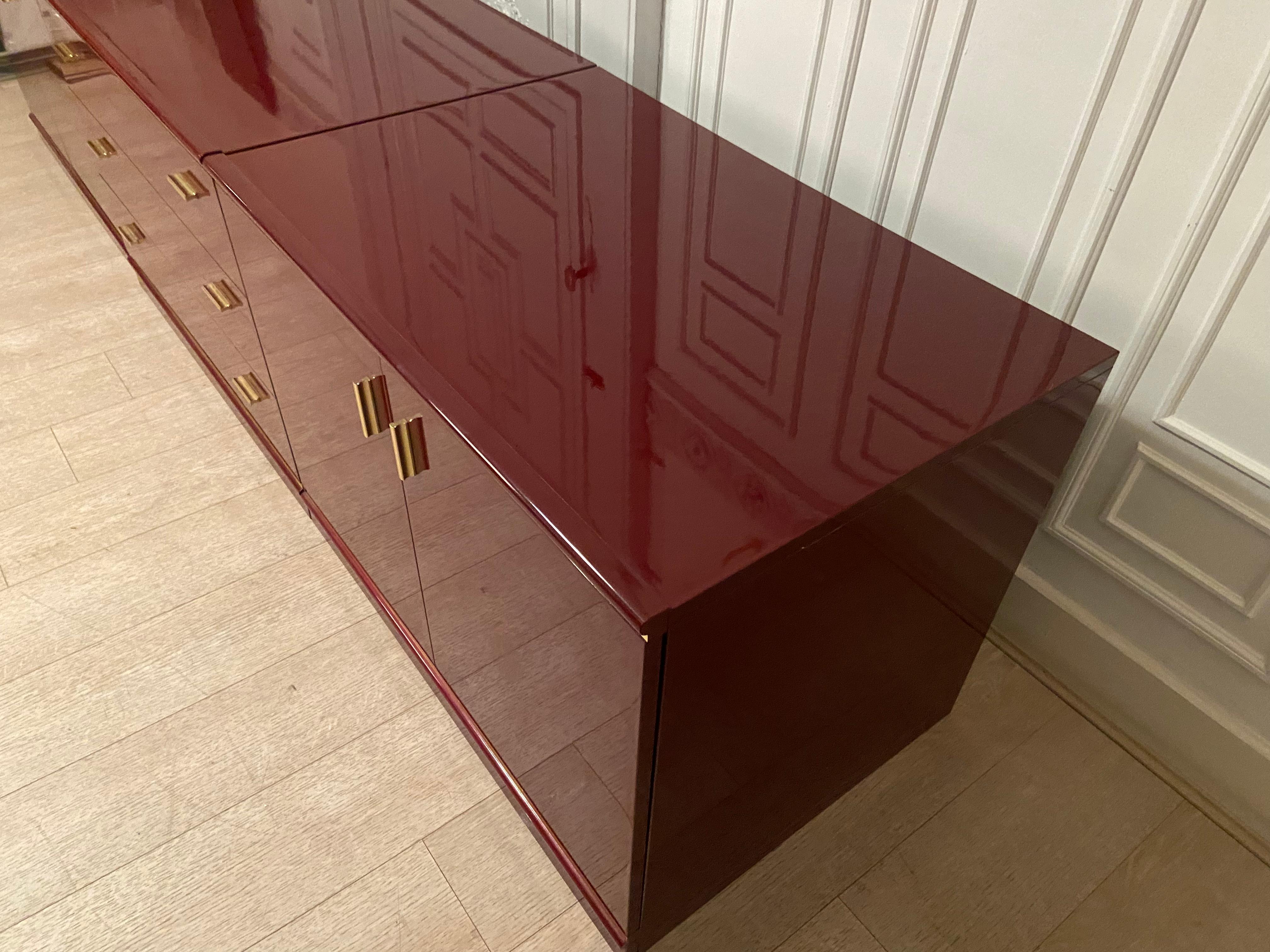 20th Century Burgundy Lacquered and Brass Sideboard, 1970s