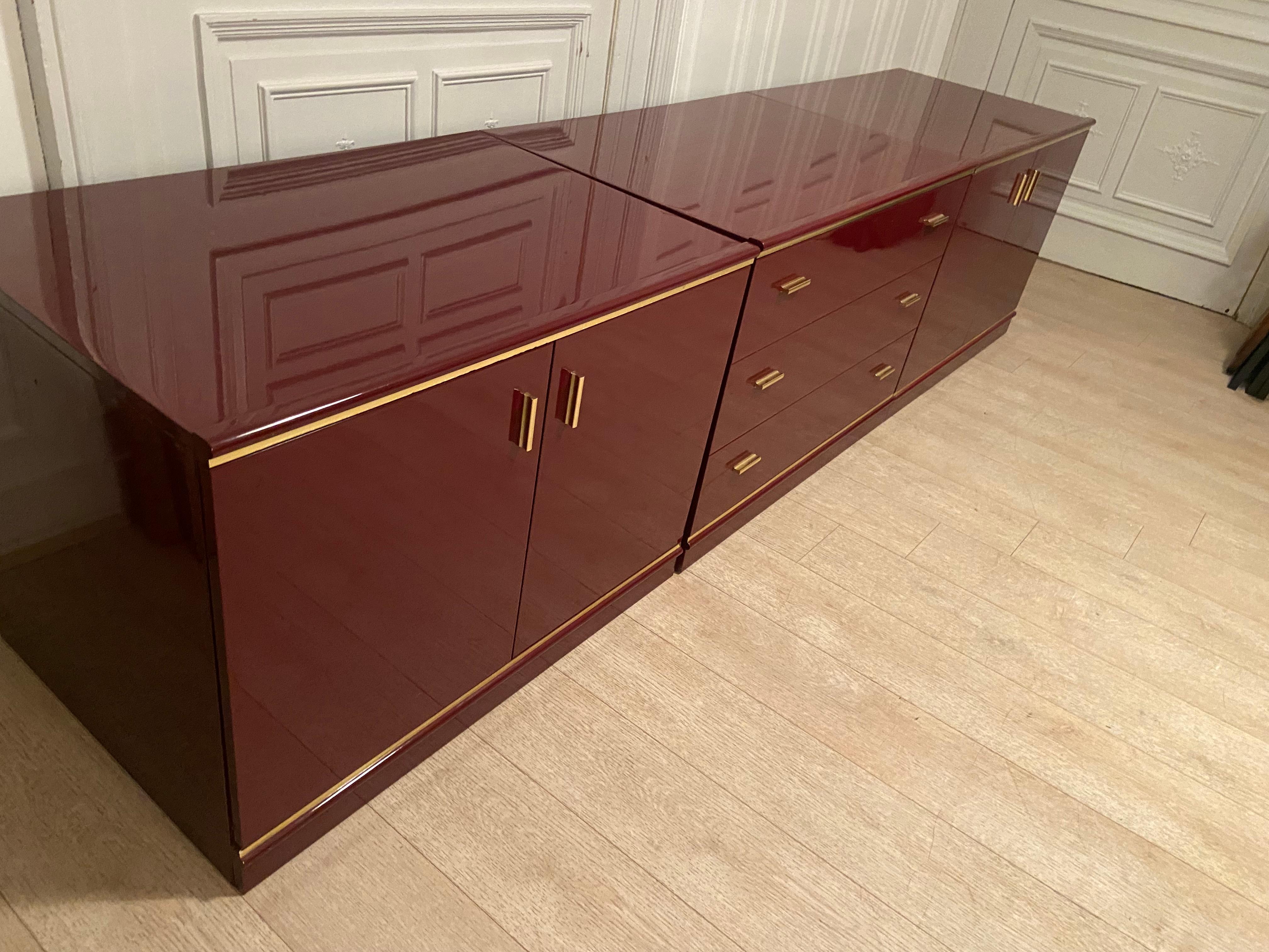 Burgundy Lacquered and Brass Sideboard, 1970s 3