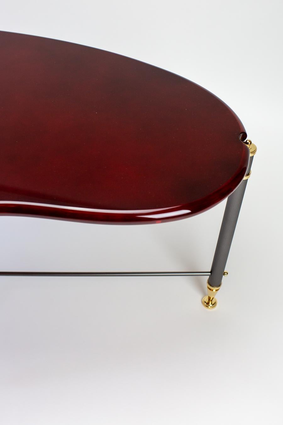 Brass burgundy lacquered coffee table For Sale