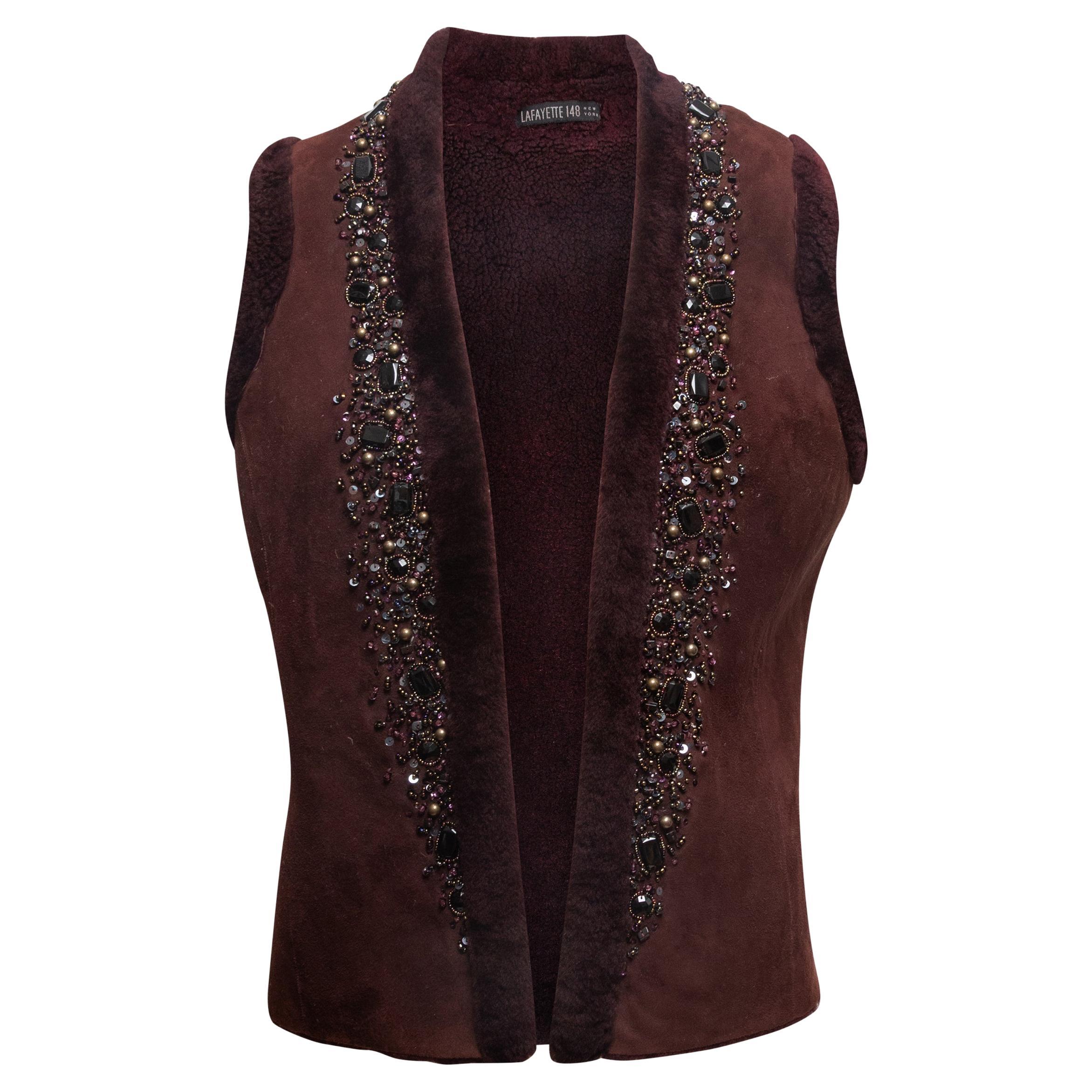 Chaleco de borgoña Lafayette 148 Embellished Open Front Shearling Talla US S
