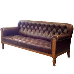 Used Burgundy Leather and Oak Mid Victorian Sofa