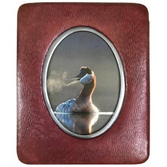 Antique Burgundy Leather and Steel Oval Frame