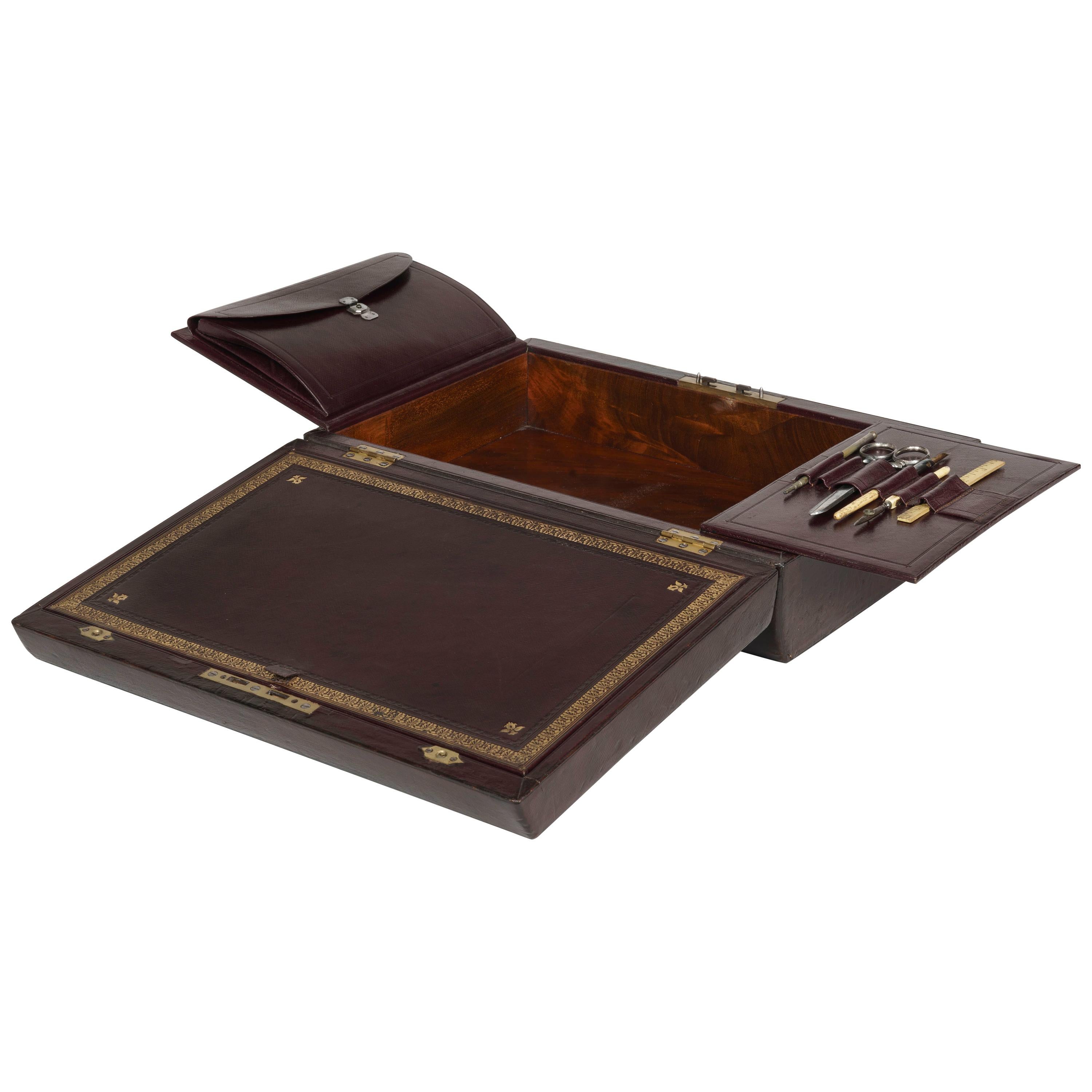 Burgundy Leather Bound Writing and Stationery Box with Fitted Brass Handle For Sale