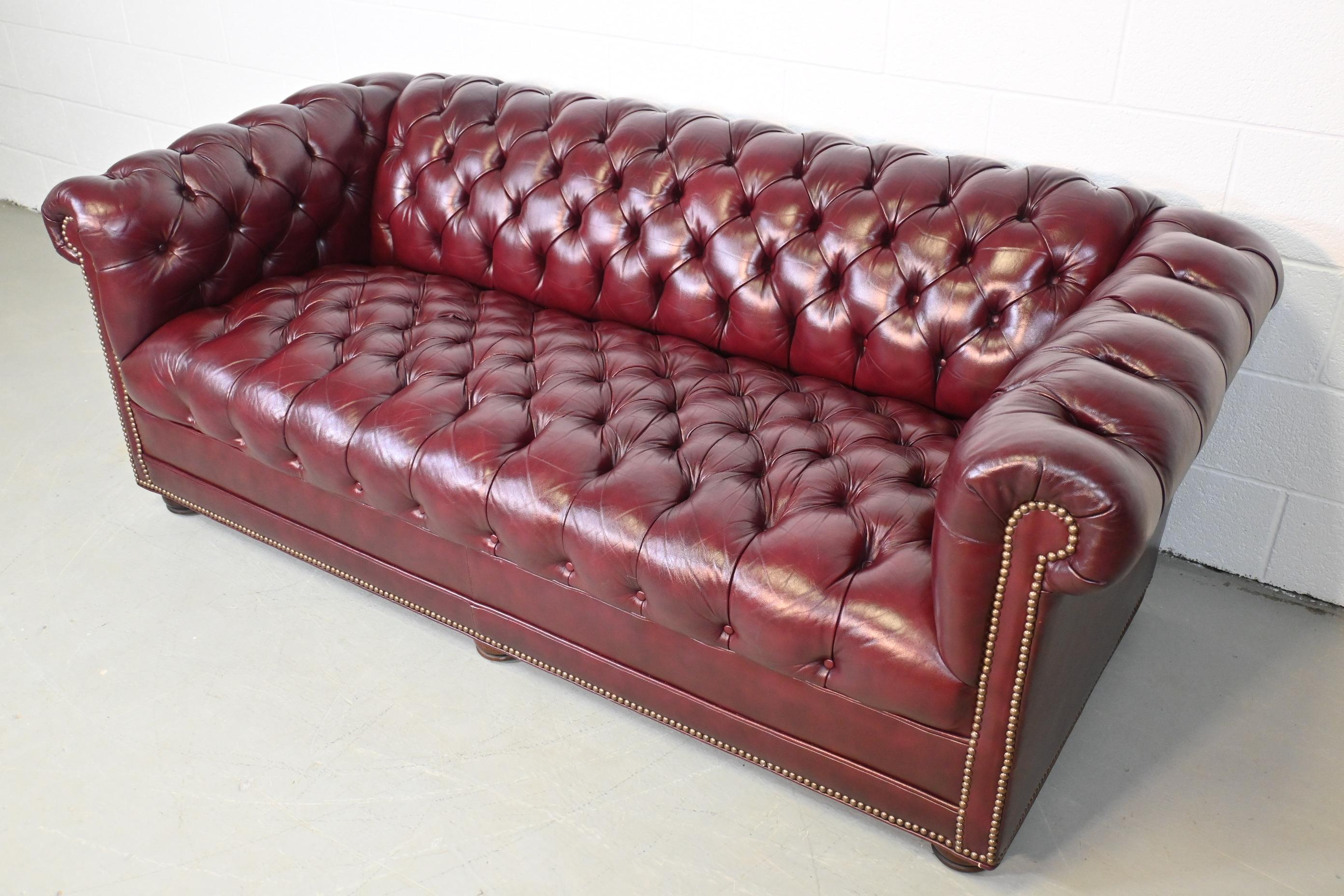 American Burgundy Leather English Style Chesterfield Sofa