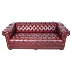 Vintage Burgundy Leather English Style Chesterfield Sofa