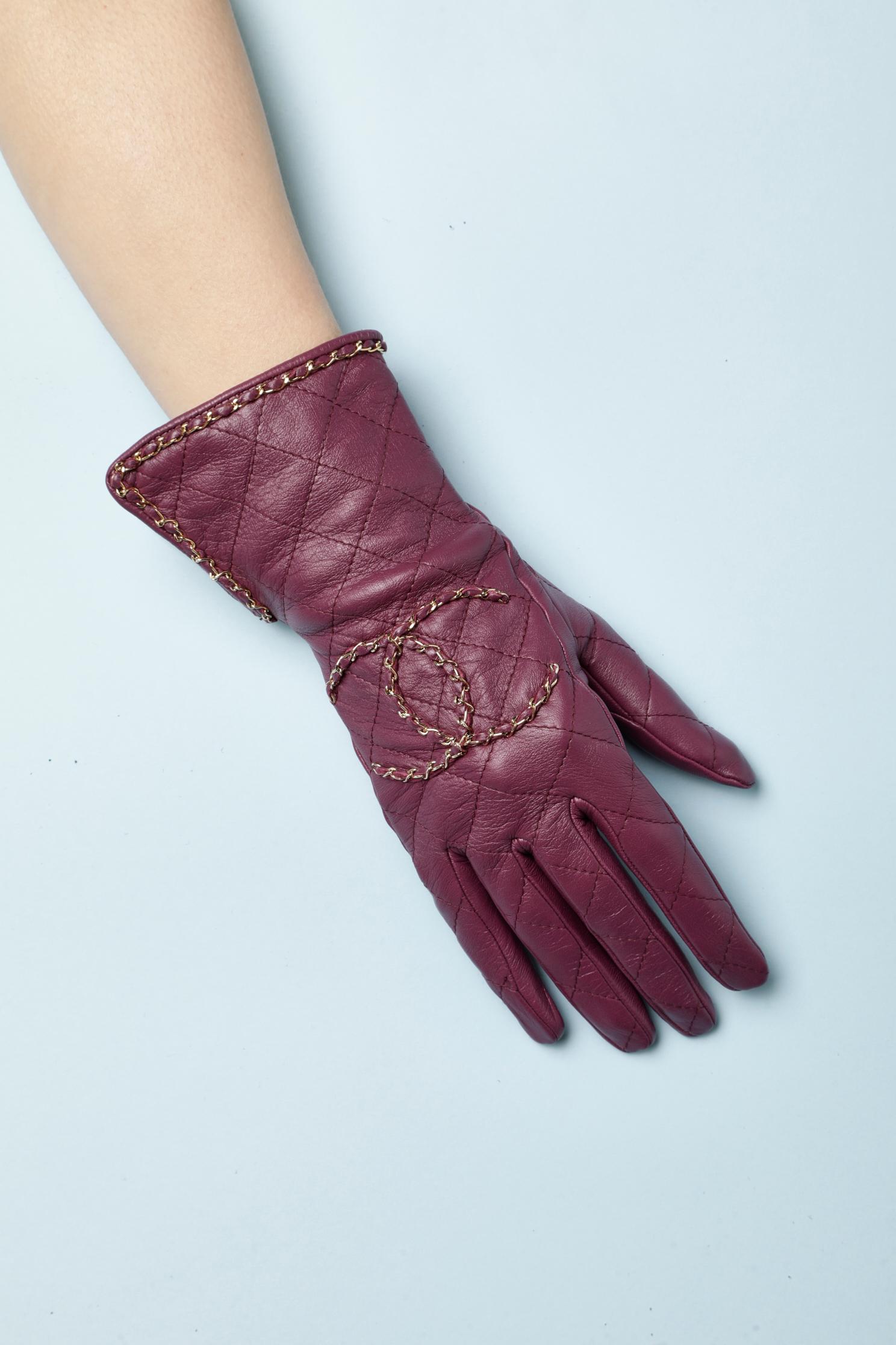 Brown Burgundy leather gloves with chains 