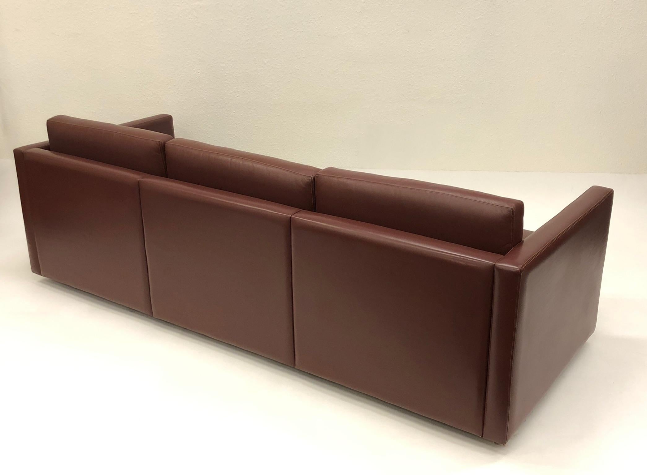 American Burgundy Leather Sofa by Charles Pfister for Knoll