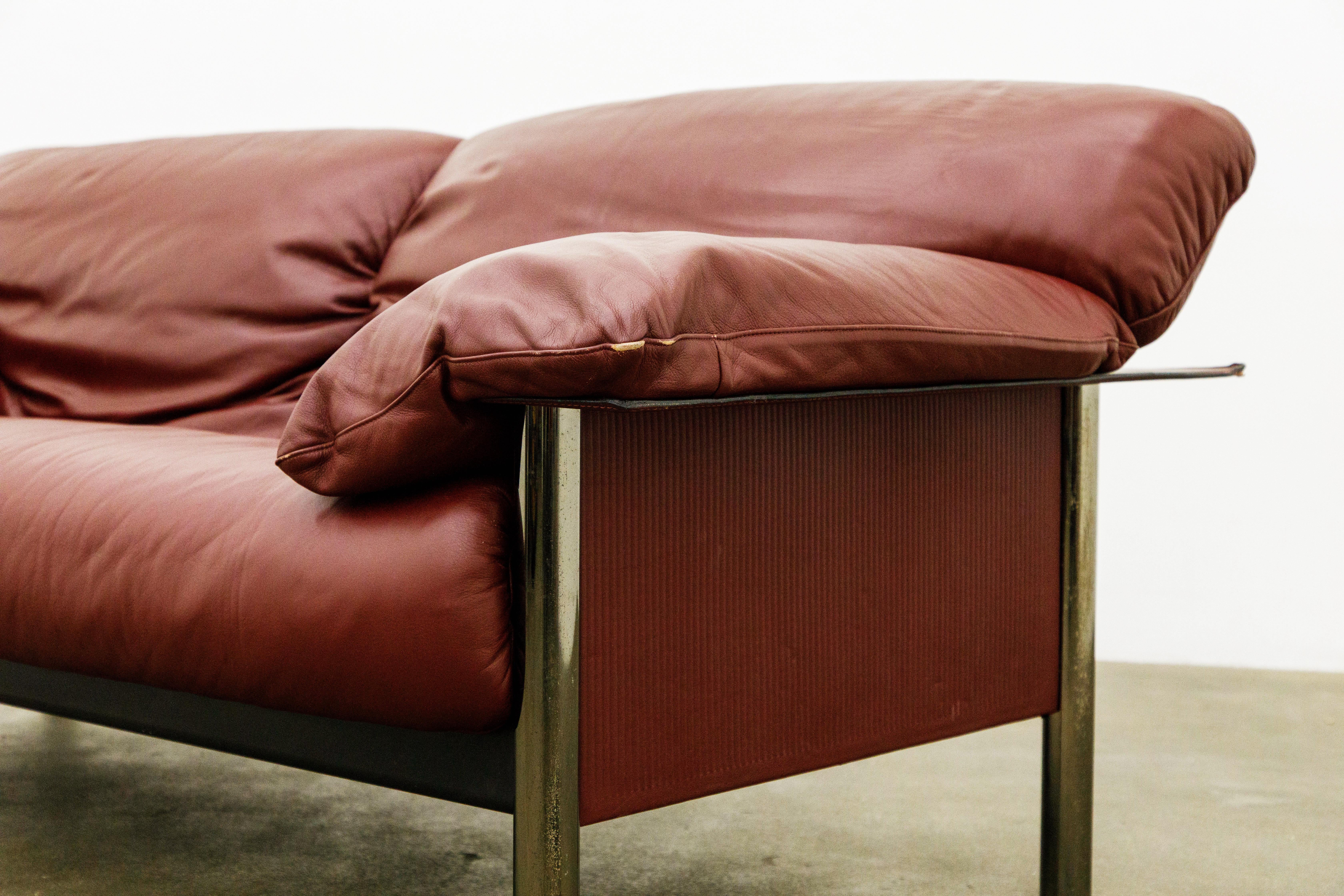 Steel Burgundy Leather Sofa by Pierluigi Cerri for Poltrona Frau, c 1990, Signed  For Sale