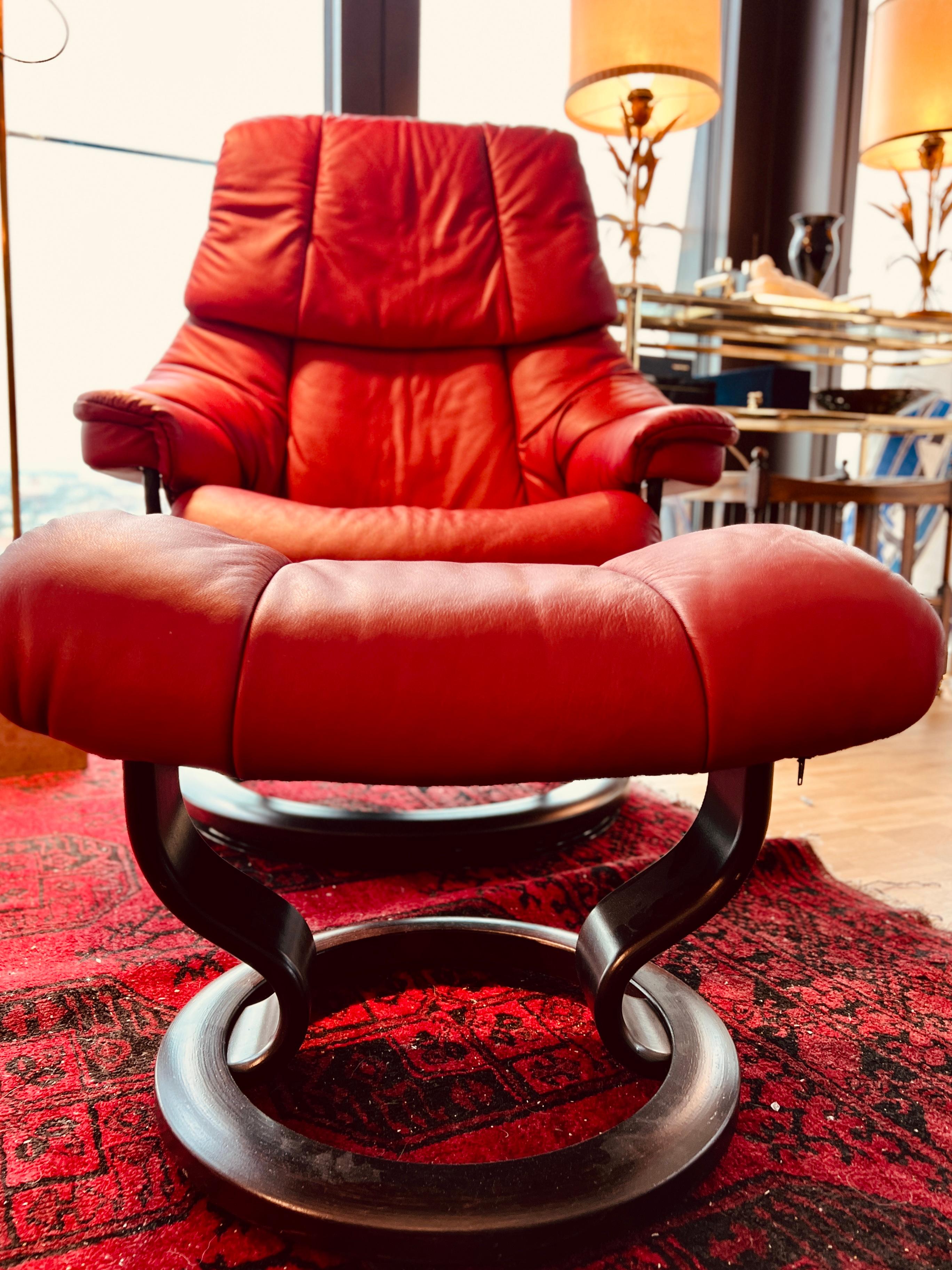 20th Century Burgundy Leather Stressless Recliner with Ottoman from Ekornes, Norway 1990