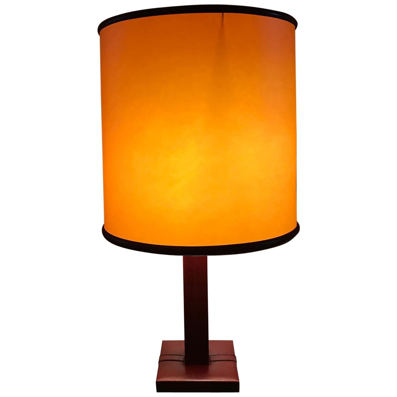 Le Tanneur Burgundy Leather Table Lamp,  France, 1950 For Sale