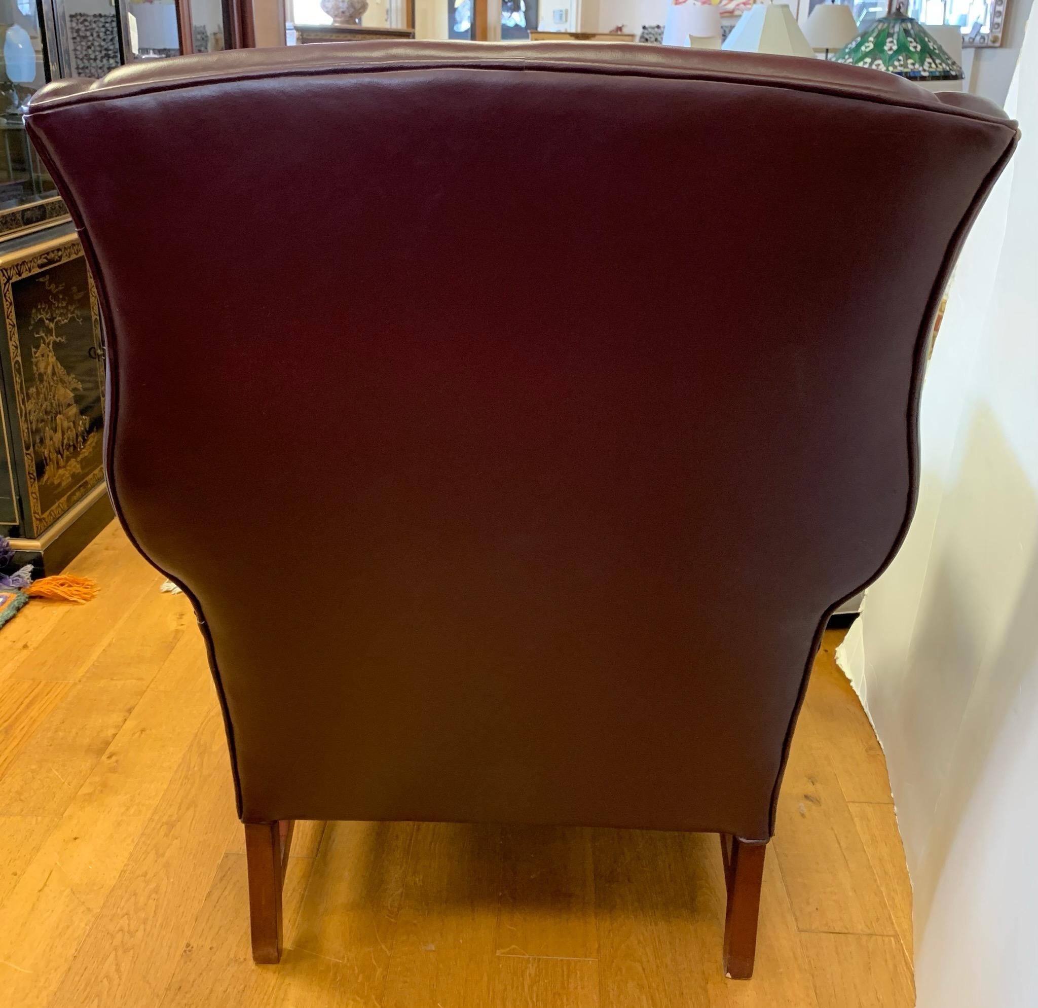 20th Century Burgundy Leather Wingback Chair and Ottoman, 2 Pcs