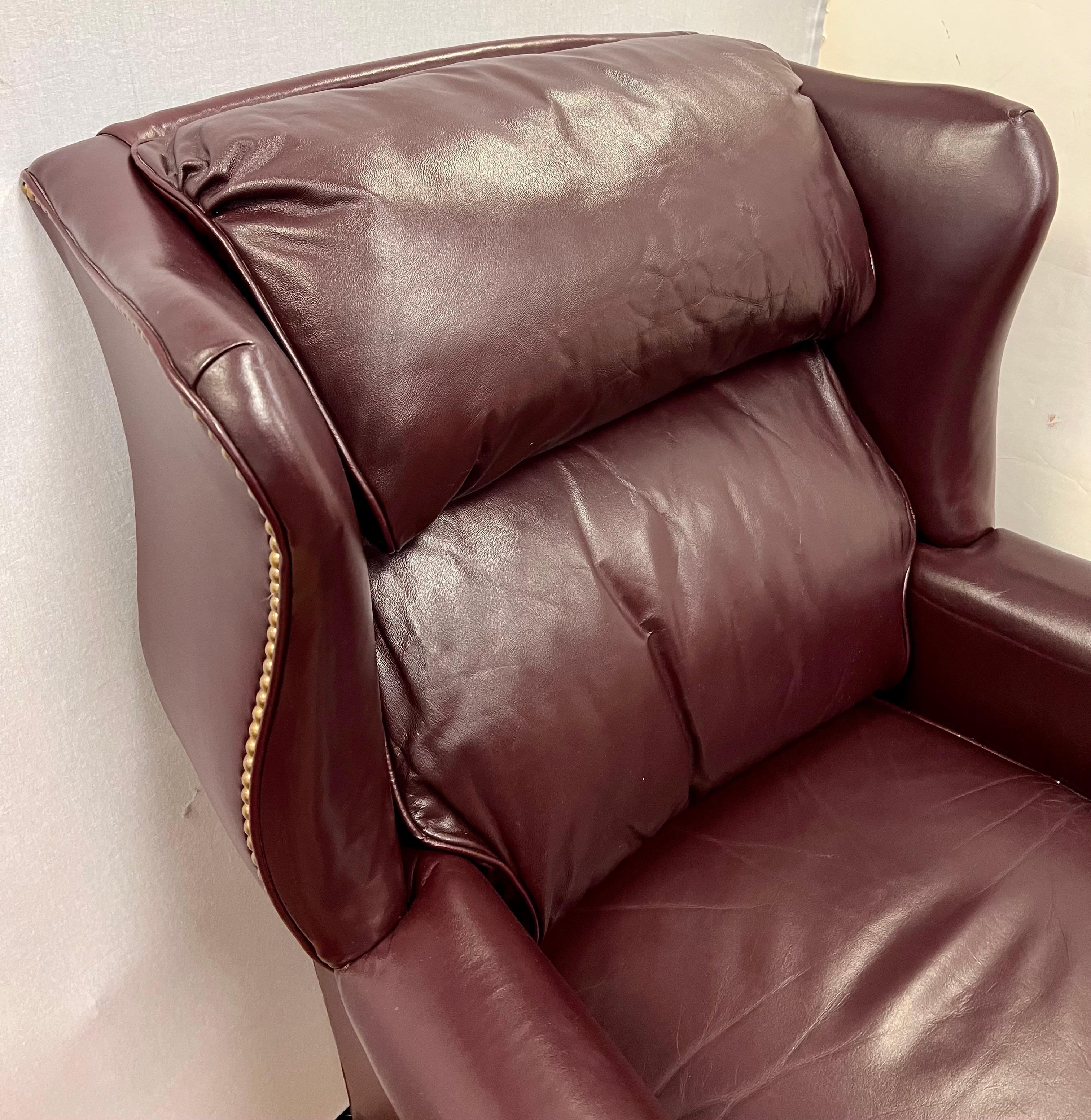 American Burgundy Leather Wingback Chair with Nailheads