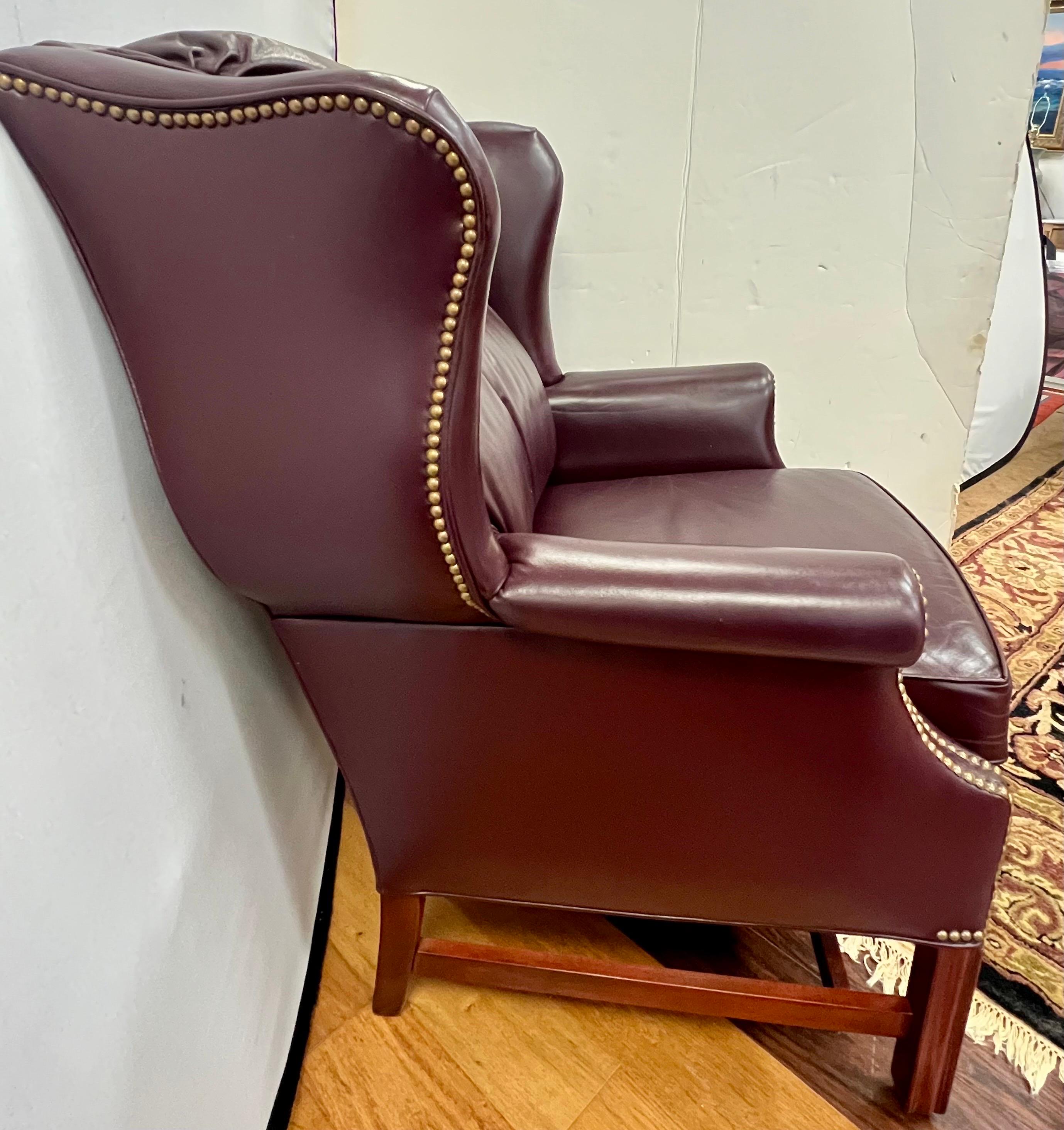 Burgundy Leather Wingback Chair with Nailheads In Good Condition In West Hartford, CT